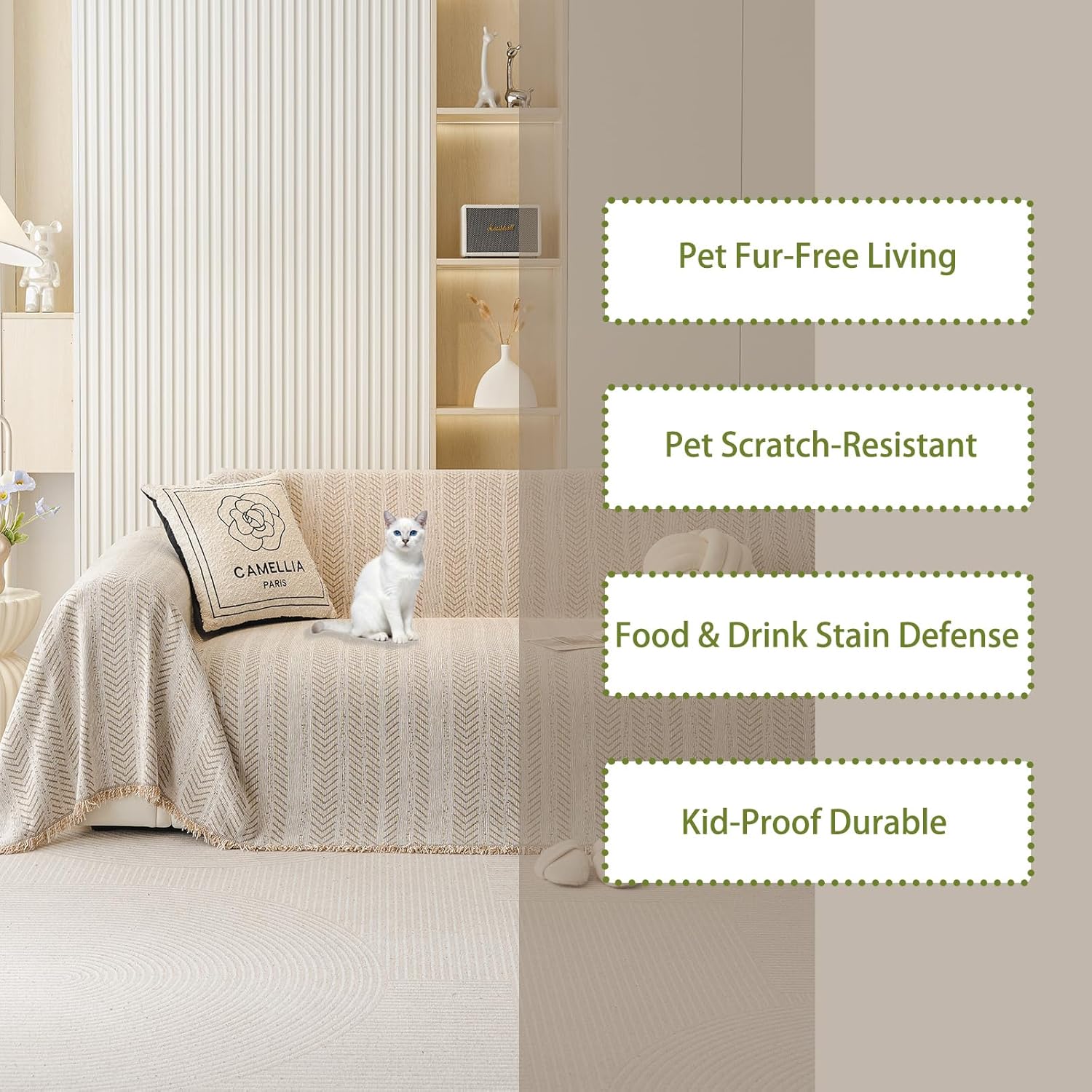 Chenille Sofa Throw Blanket with Herringbone Pattern and Tassel Edges, Thick & Soft Couch Cover, Machine Washable, Anti-Slip, Pet-Friendly, Fits 2/3-Seater (Beige, 71″x134″)