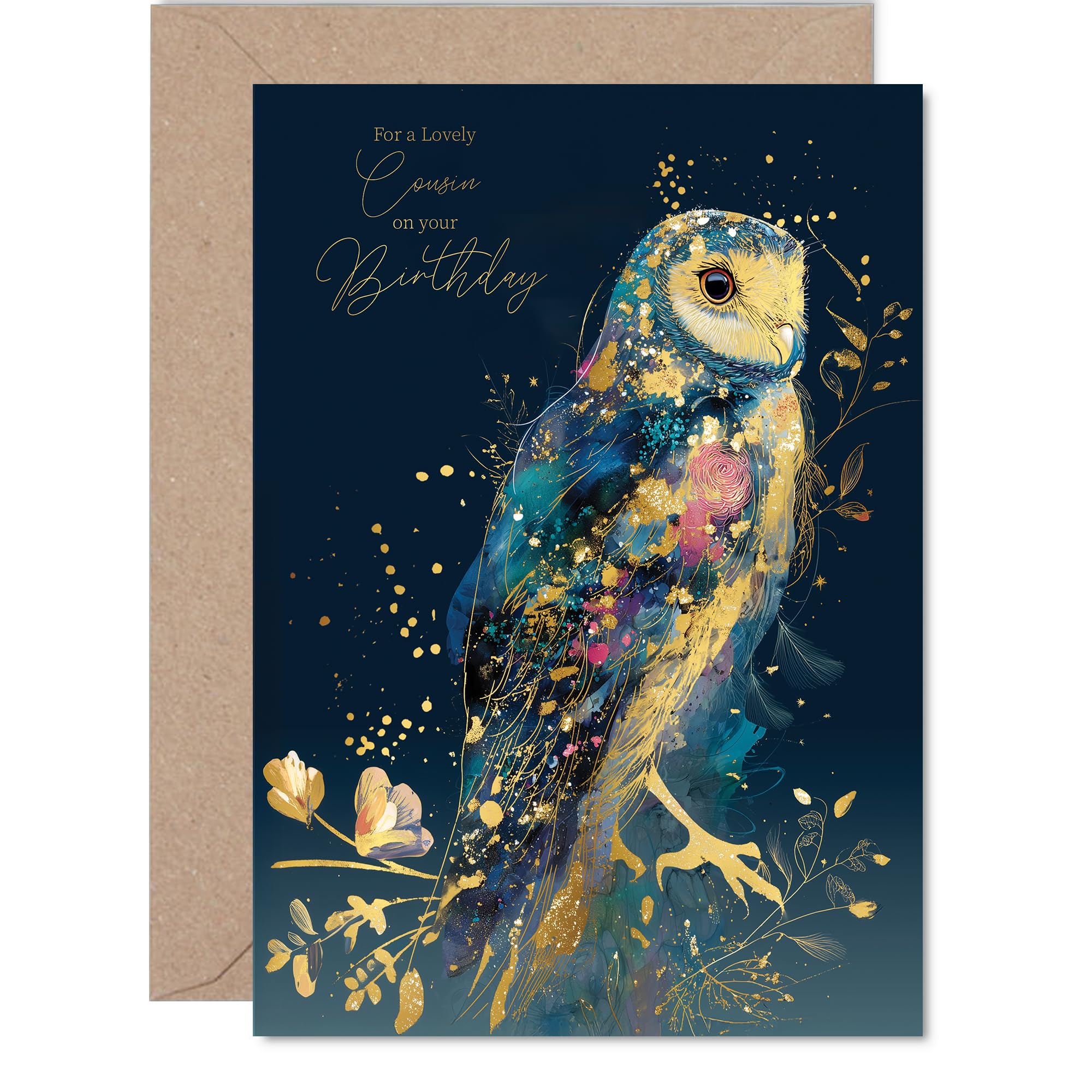 Gold Cousin Birthday Card - Luxury Wisdom Owl - Happy Birthday Card for Cousin from Family Relative, A5 Golden Fantasy Nature Chic Bday Greeting Cards