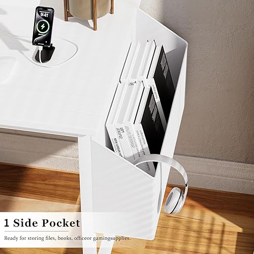 Miniatura 6 de Yapai - Escritorio blanco con cajón de tela, escritorio reversible de 47 pulgadas con archivador para dormitorio, espacio pequeño, oficina en casa,