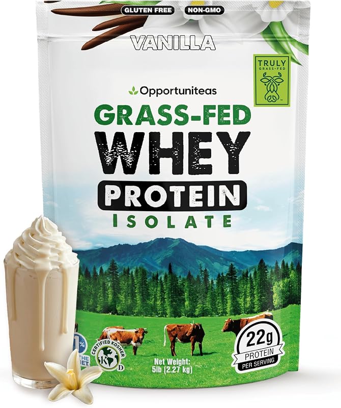 Opportuniteas Grass Fed Vanilla Whey Protein Isolate Powder - 22g Protein Powder Without Artificial Sweeteners, Hormone-Free Cows, Non GMO - 5lb