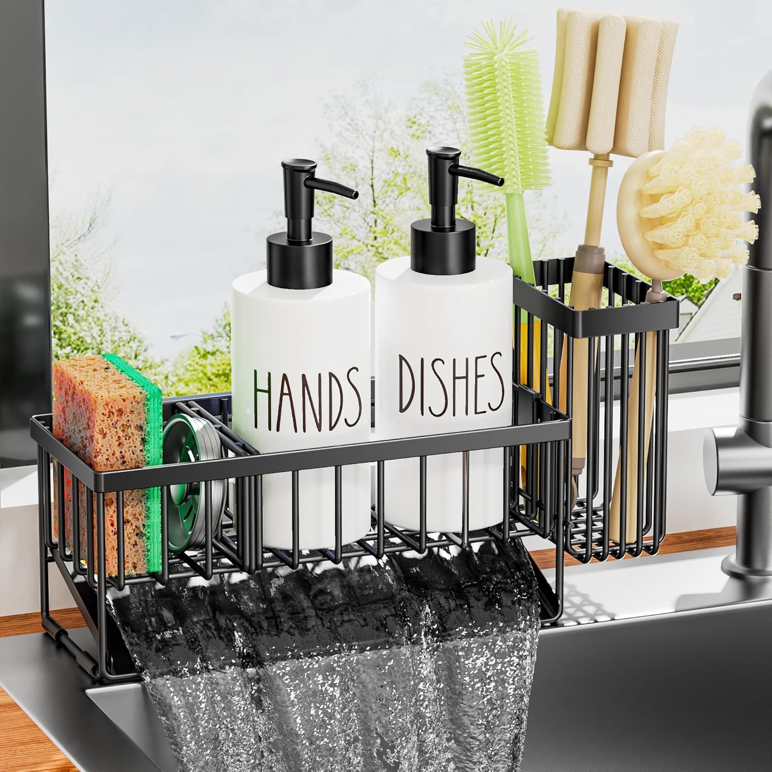 MASADI Kitchen Dish Soap Dispenser Set with Sponge Holder, 12OZ Glass Bottle, Hand and Dish Soap Dispenser Set, Non-Slip Silicone Pad, Brush Holder, Kitchen Sink Organizer Countertop (Black+White)