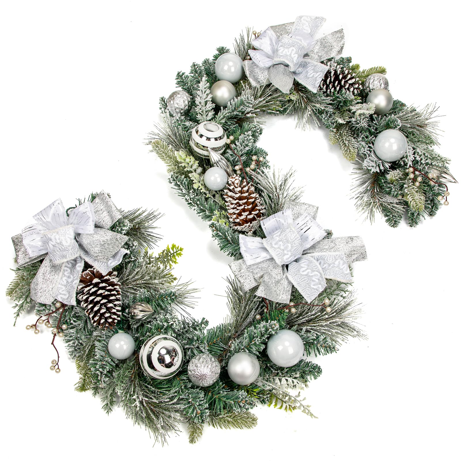 180cm Weihnachtsgirlande mit Dekorative Weihnachtskugeln, Schleife, Tannenzapfen Weihnachtsdeko Türkranz für Feste Advent, Hauswandbehang oder Weihnachtsdekoration