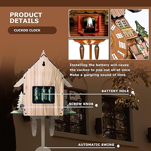 Miniatura 4 de STRONGBERRY Reloj de pared de cuco hecho a mano marrón con movimiento silencioso, con péndulo y función de timbre, diseño clásico de madera vintage,