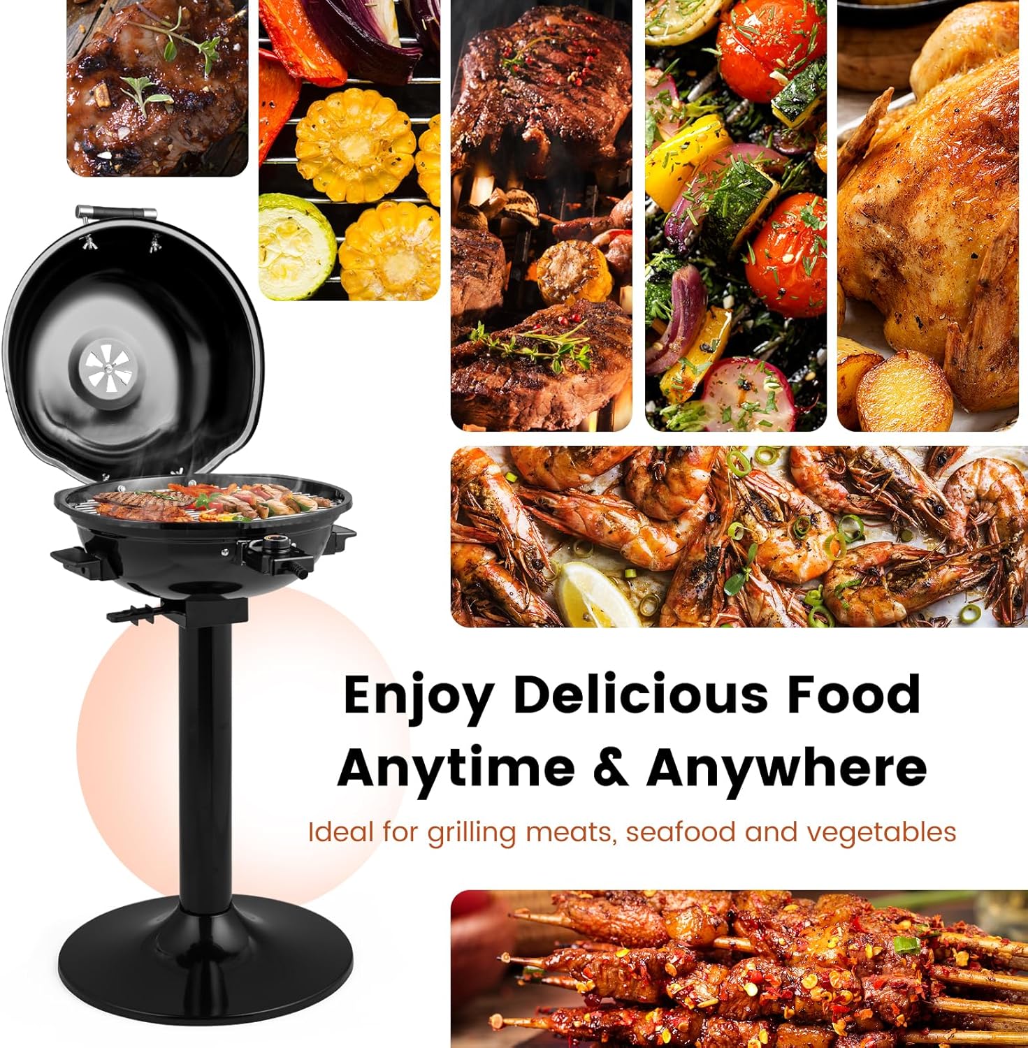 1600W Electric Grill Outdoor, 15-Serving Freestanding Camping Grill with Warming Rack, Removable Oil Drip Tray, Adjustable Temperature Control, Portable BBQ Grill for Patio, Backyard (Black)
