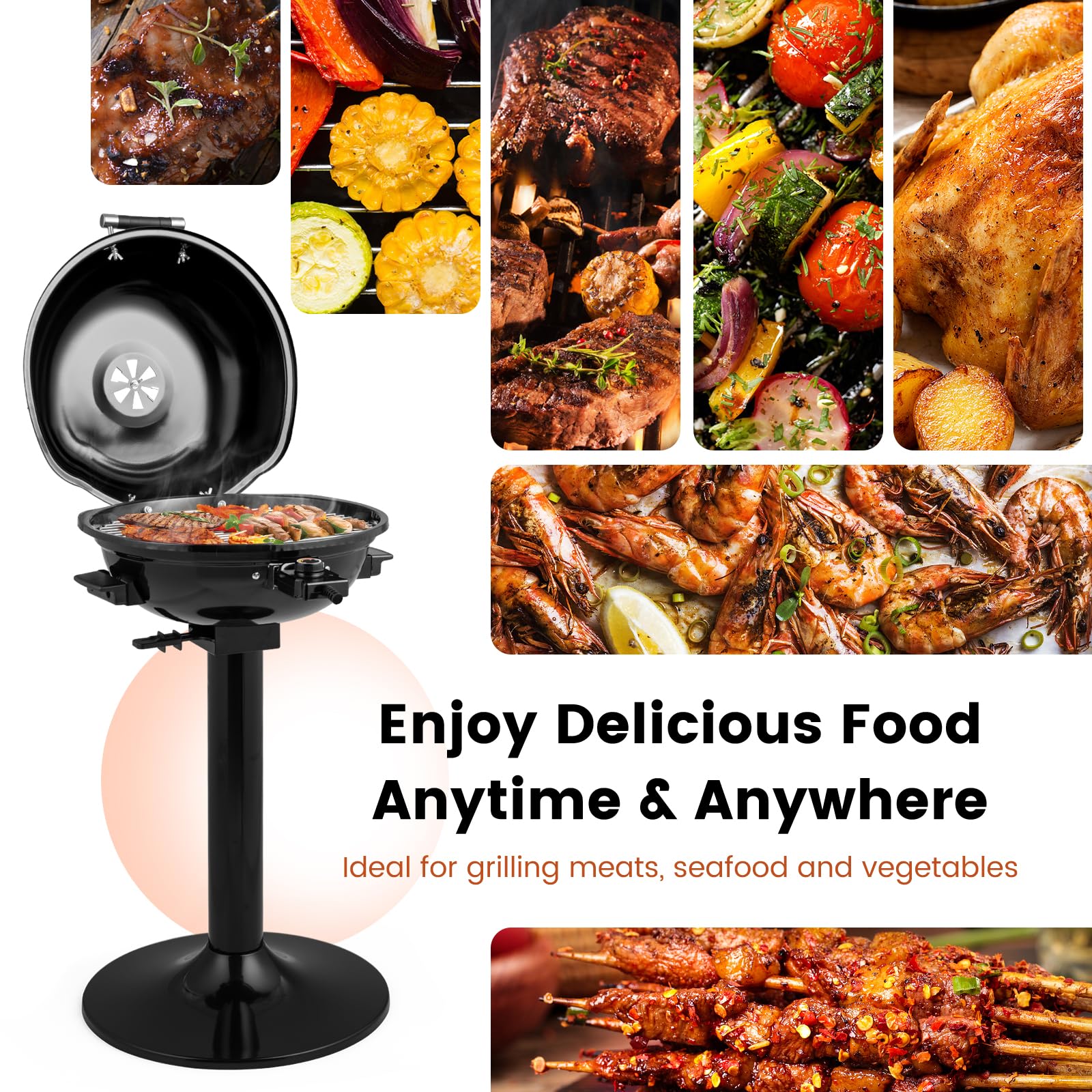 Parrilla eléctrica de 1600 W para exteriores, parrilla de campamento independiente de 15 porciones con estante de calentamiento, bandeja de goteo de aceite extraíble, control de temperatura 5