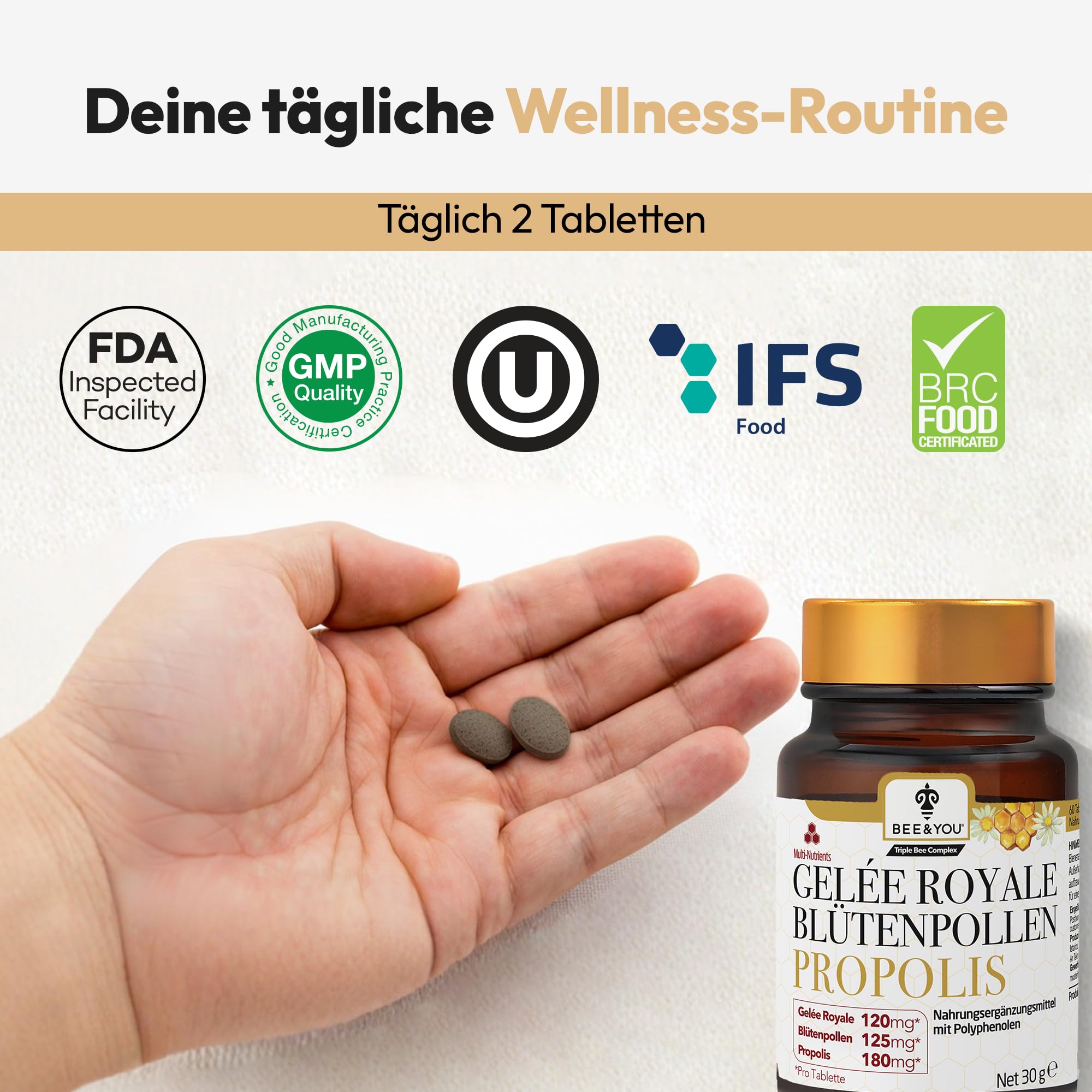 Bee&You Propolis,Gelée Royale,Blütenpollen Tabletten 500mg (60 Tabletten,Keine Zusatzstoffe,Fairer Handel,100% natürlich,ohne Zusatzsstoffe,hochdosiert, Schutzharz der Bienen,Kapseln,lange haltbar)