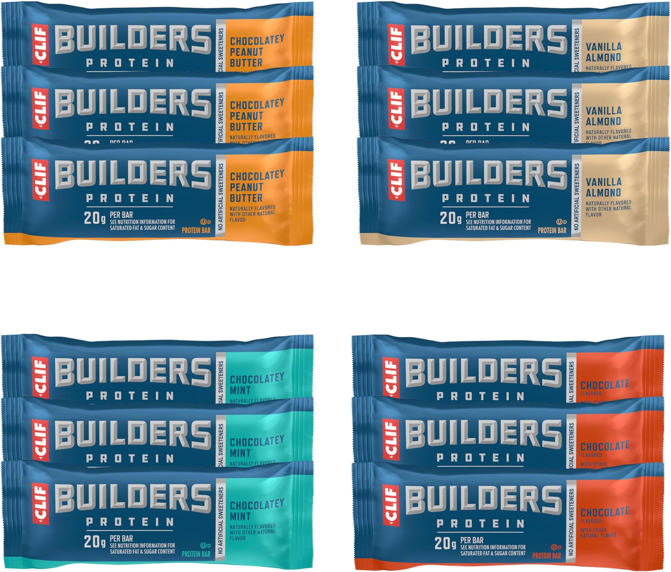 CLIF BUILDERS Protein Bars - 4-Flavor Variety Pack - 20g Plant Based Protein - Gluten Free - Non-GMO - Low Glycemic - No Artificial Sweeteners - 2.4 oz. (12 Count)