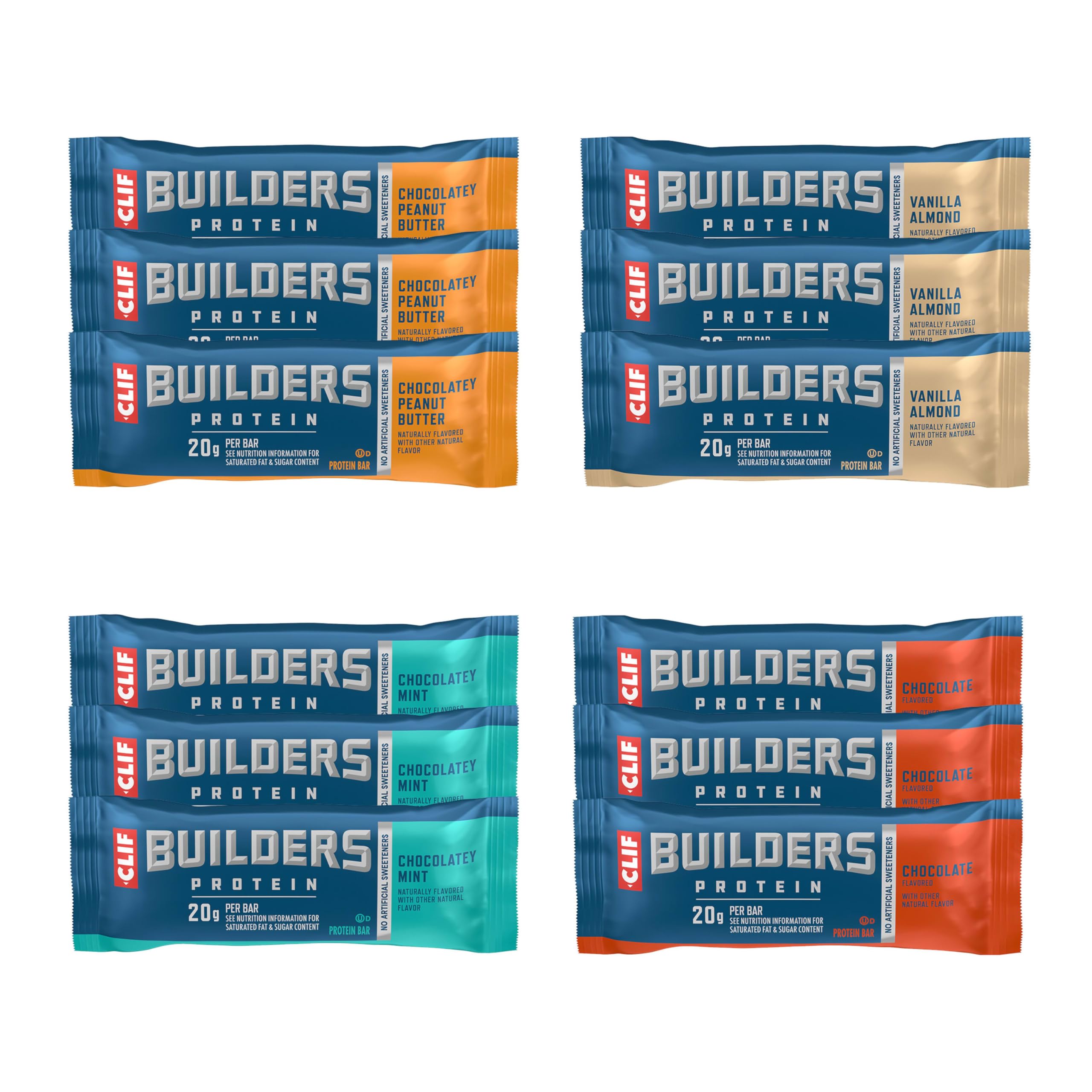 Clif Builders Protein Bars, 4-Flavor Variety Pack, 20g Plant Based Protein, Gluten Free, Non-GMO, No Artificial Sweeteners, 2.4 oz. (12 Count)