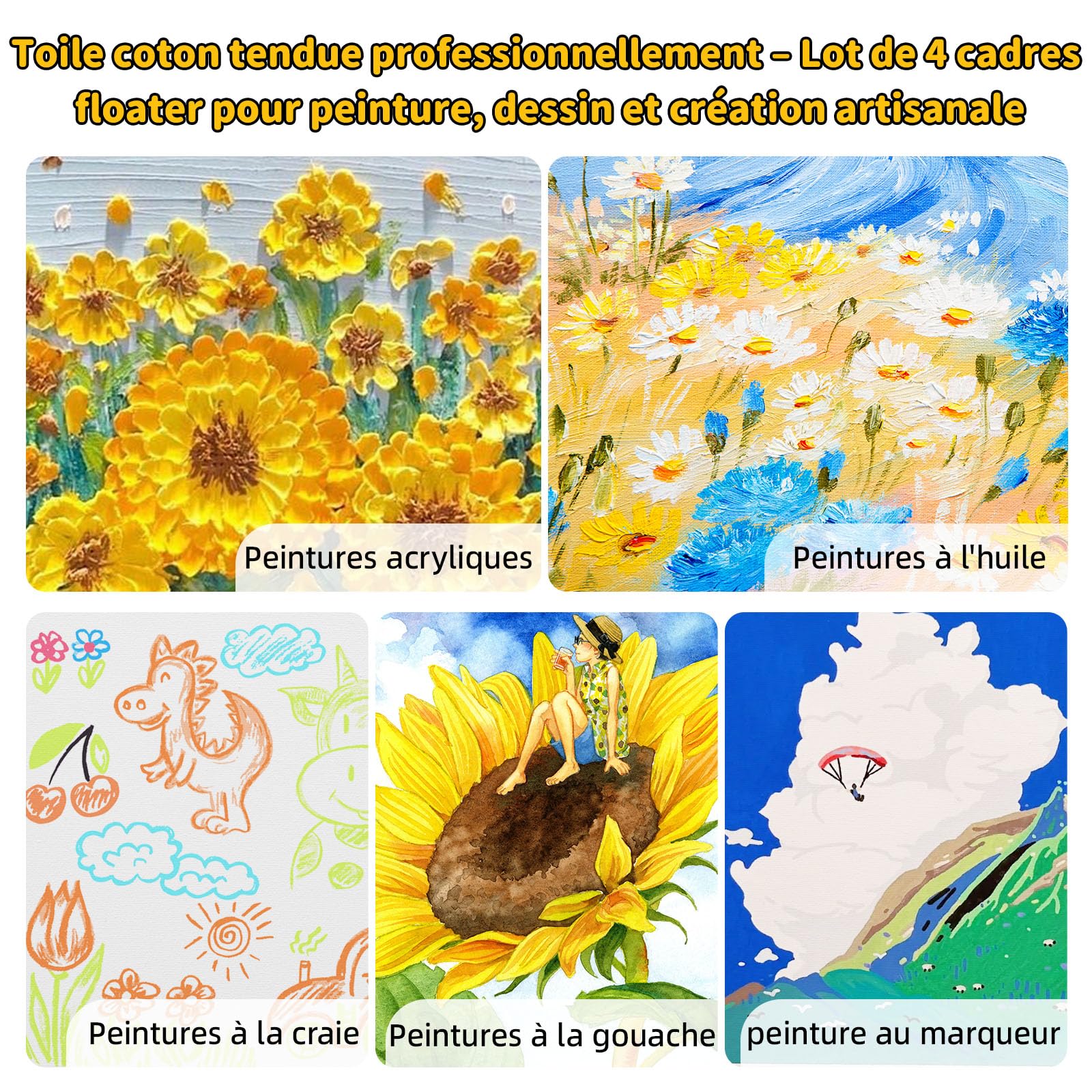 Lot de 4 Toiles Tendues 45x60 cm avec Cadres Flottants en Bois Naturel – Mélange Coton-Lin 400 g/m², Triple Apprêt Titane Sans Acide, Finition Galerie – Prêt à Accrocher