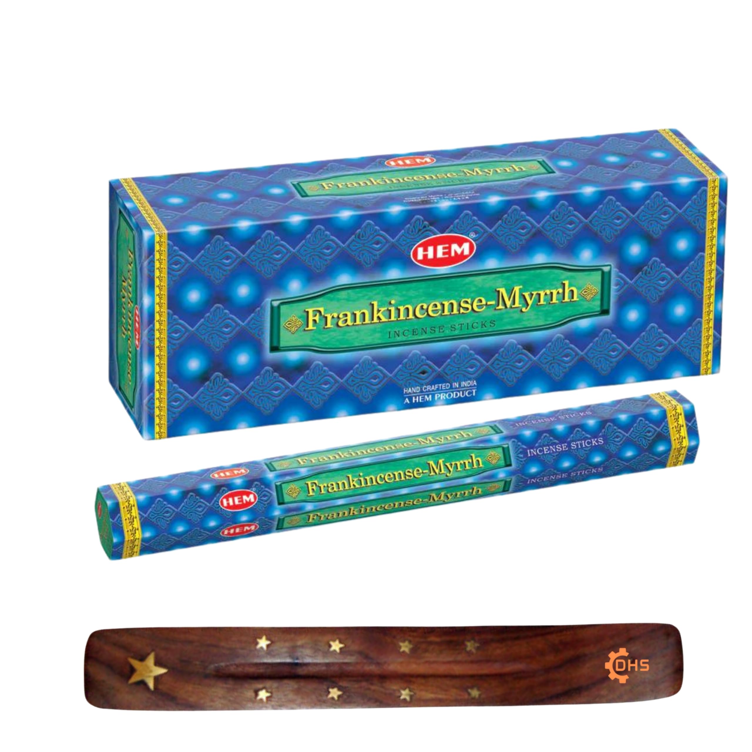 HEM Incense sticks Frankincense-Myrrh Full box of 6 with DHS incense stick holder for Yoga, Meditation, Healing, Spirituality, Aromatherapy, Incense Spa and Relaxation