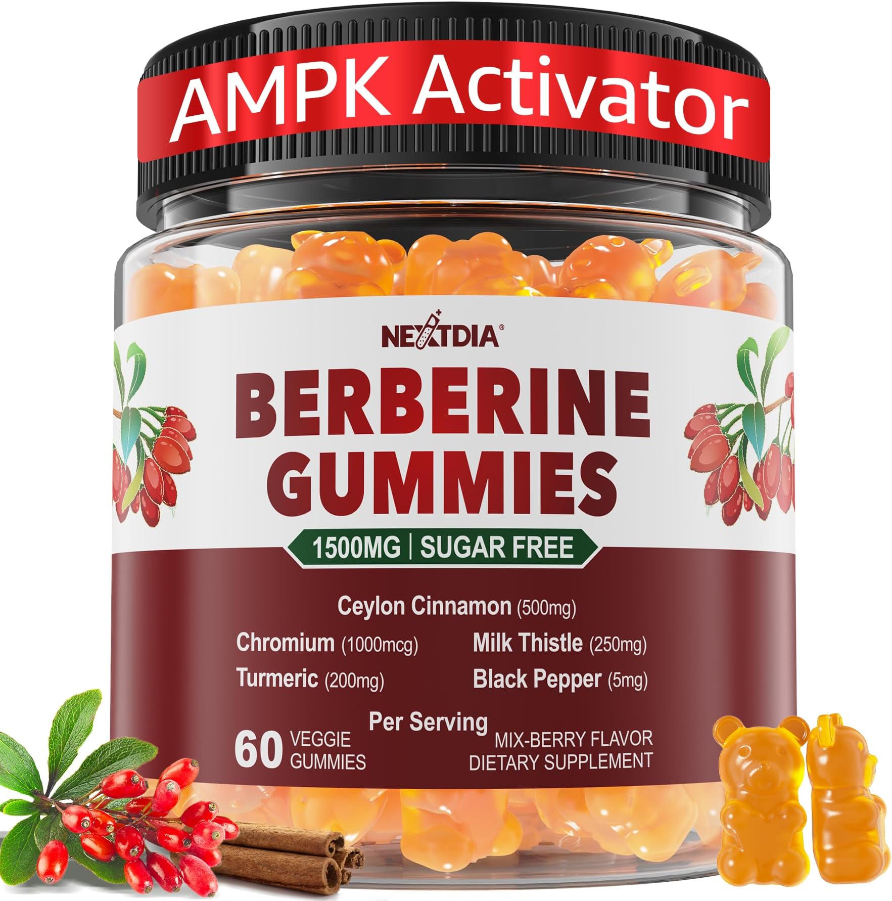 Berberine Gummies Supplement 1500mg, Natural GLP-1 Support + Ceylon Cinnamon, Chromium, Milk Thistle, Turmeric, AMPK Activator for Women & Men, Berberine HCl from Indian Barberry, Sugar Free, 60 Count