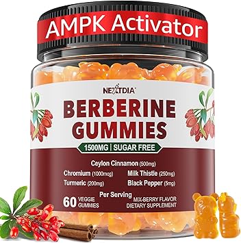 Berberine Gummies Supplement 1500mg, Natural GLP-1 Support + Ceylon Cinnamon, Chromium, Milk Thistle, Turmeric, AMPK Activator for Women & Men, Berberine HCl from Indian Barberry, Sugar Free, 60 Count