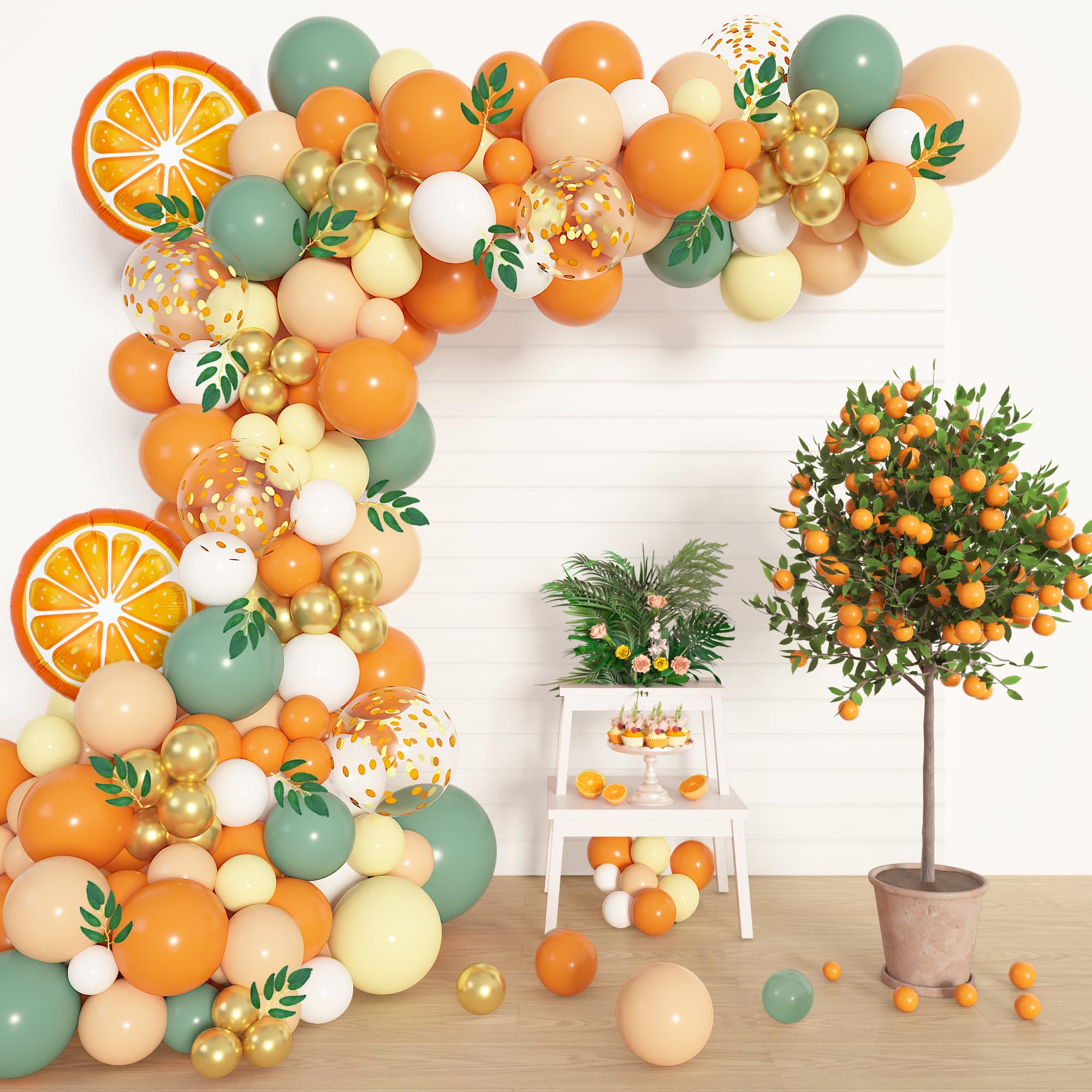 Amandir 151pcs Little Cutie Baby Shower Decorations, Yellow Sage Green Orange Balloon Arch Garland kit with Foil Orange Balloons Willow Leaves for