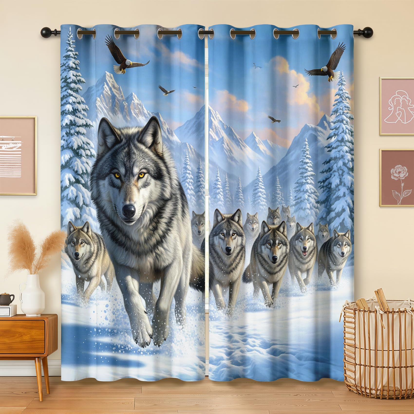 Havenix Winter Wolf Pack Blackout Curtains for Bedroom Living Room, Eyelet Curtains 90x108, Thermal Insulated Drapes for Windows, Wildlife Landscape Scenery Patterned Window Treatments, 2 Panels