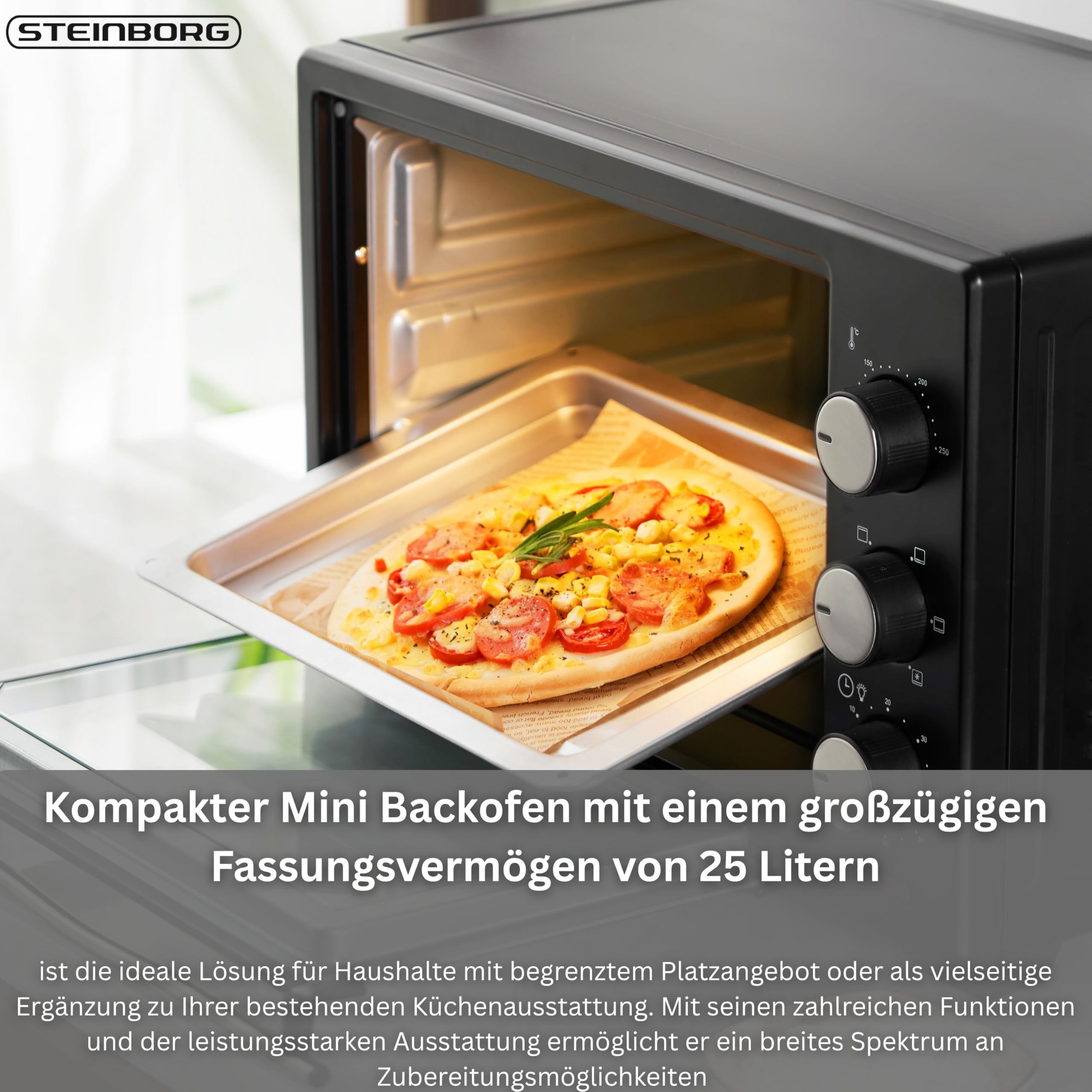 Steinborg® 25 Liter Mini Backofen mit Umluft Pizza Ofen inkl. Backblech und Grillrost Miniofen 60 Min. Timer – 1.600 Watt