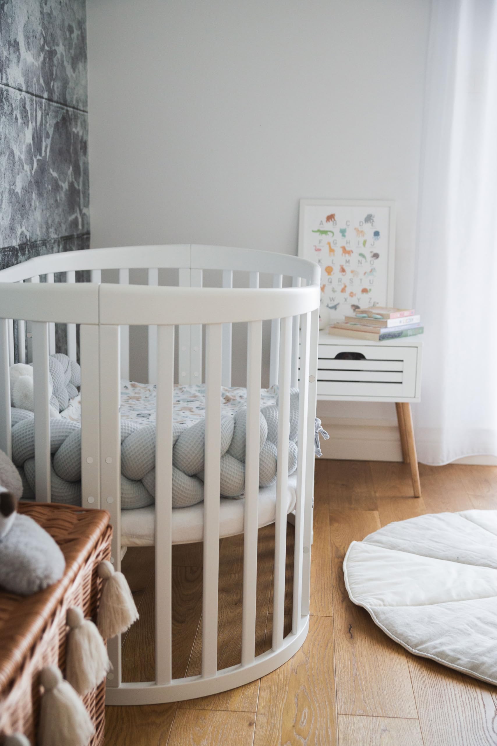 waldin Lettino Bebè Ovale 7in1, Materasso e Ruote, con Ripiano, Bianco | Senza set di tessuti, Evolutivo, Lettino, Culla Co-Sleeping in Legno, Dondolo Opzionale