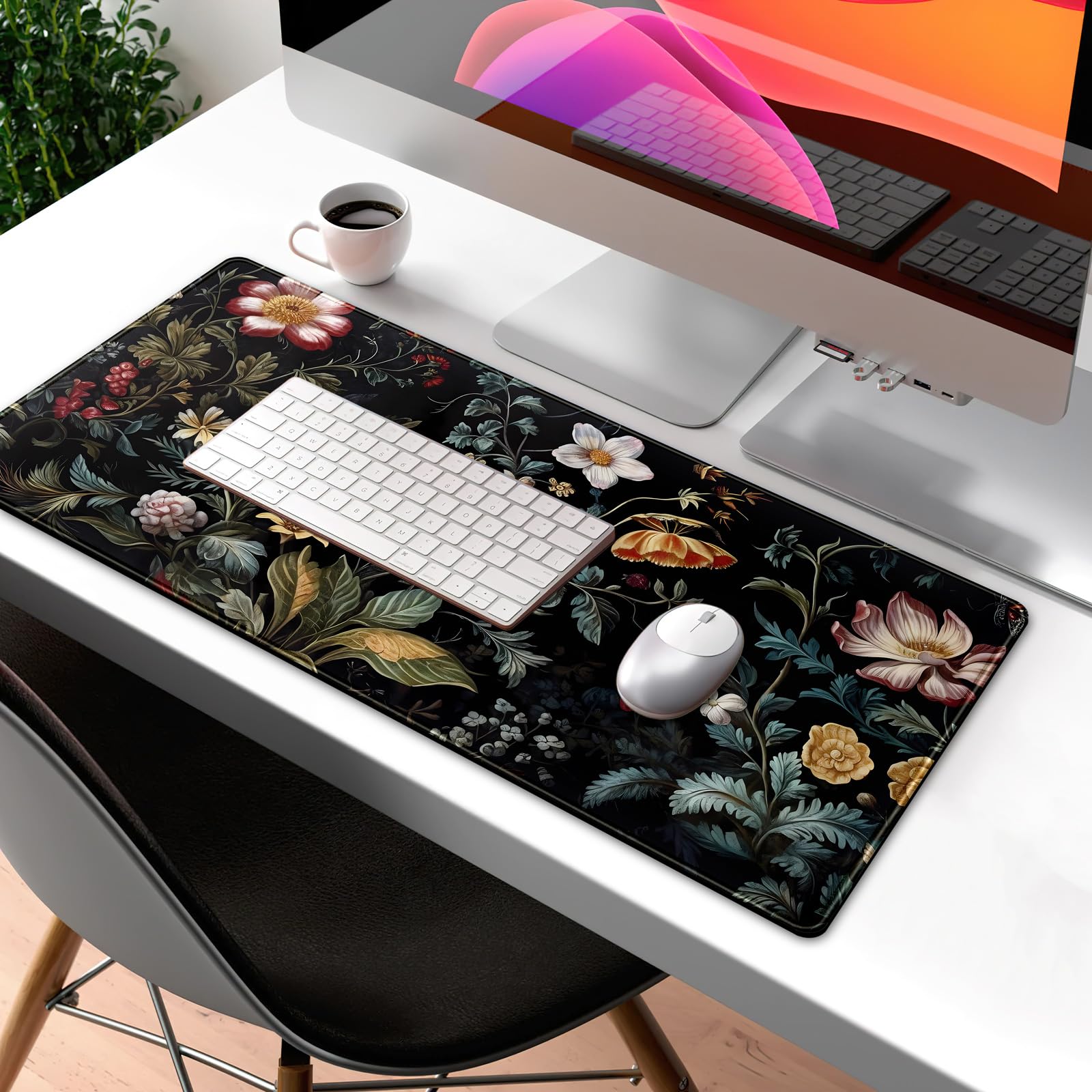 Tappetino Per Mouse XL 80x30 Cm – Decorativo Con Fiori E Piante Verdi – Base Antiscivolo E Bordi Cuciti