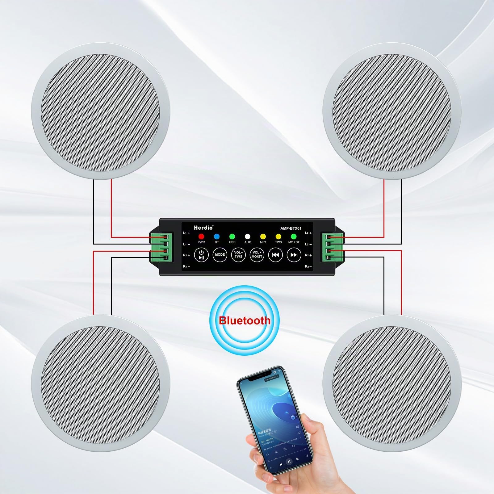 Herdio 5,25 Pouces 600 Watts Bluetooth Enceinte Encastrable Plafond 4 Haut-parleurs