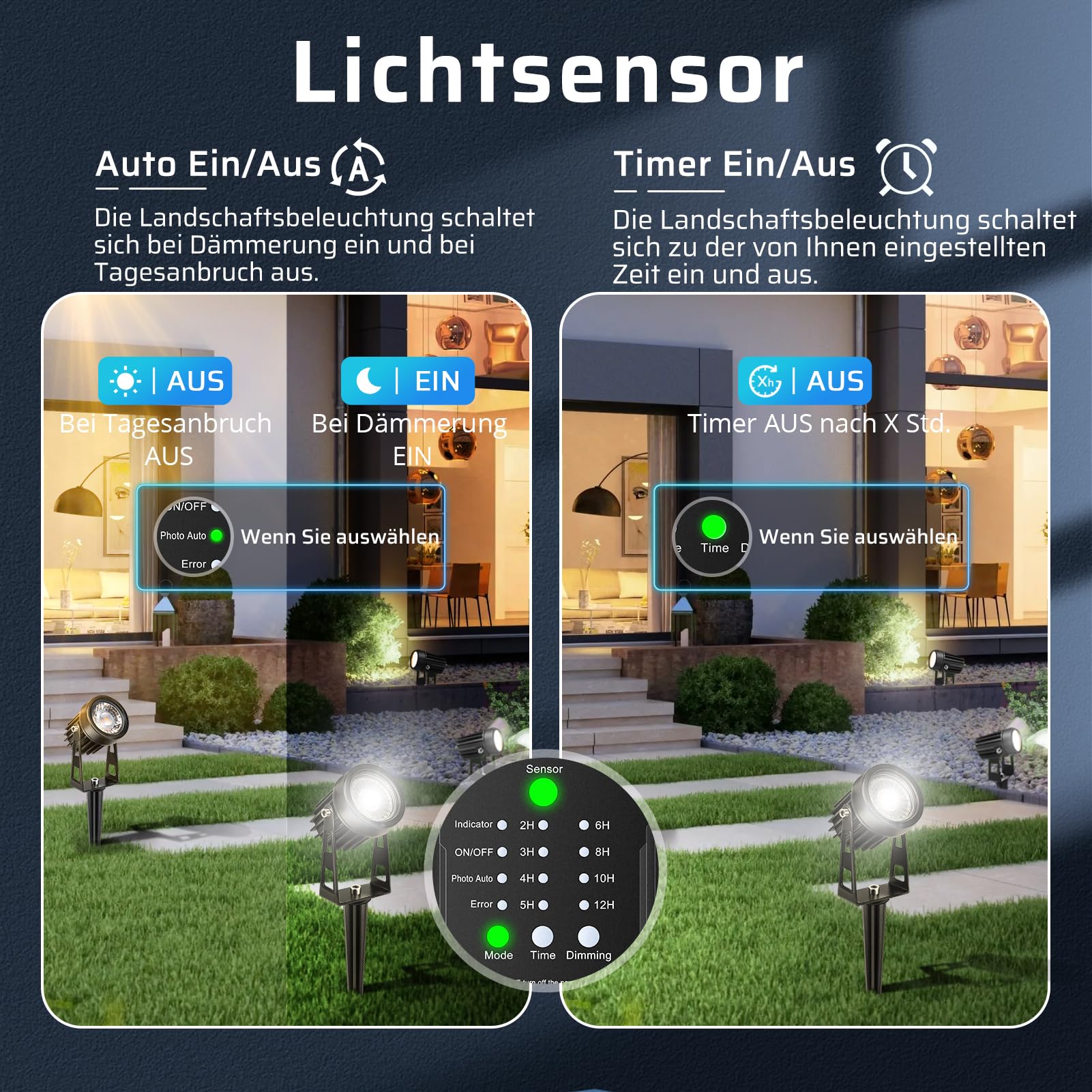 LightingWill Zewnętrzne oświetlenie ogrodowe LED z palikiem, 8 sztuk, oświetlenie 24 V z czujnikiem zmierzchu i timerem, zimna biel 5000-6000 K, IP65, do ścieżek, tarasu i ogrodu