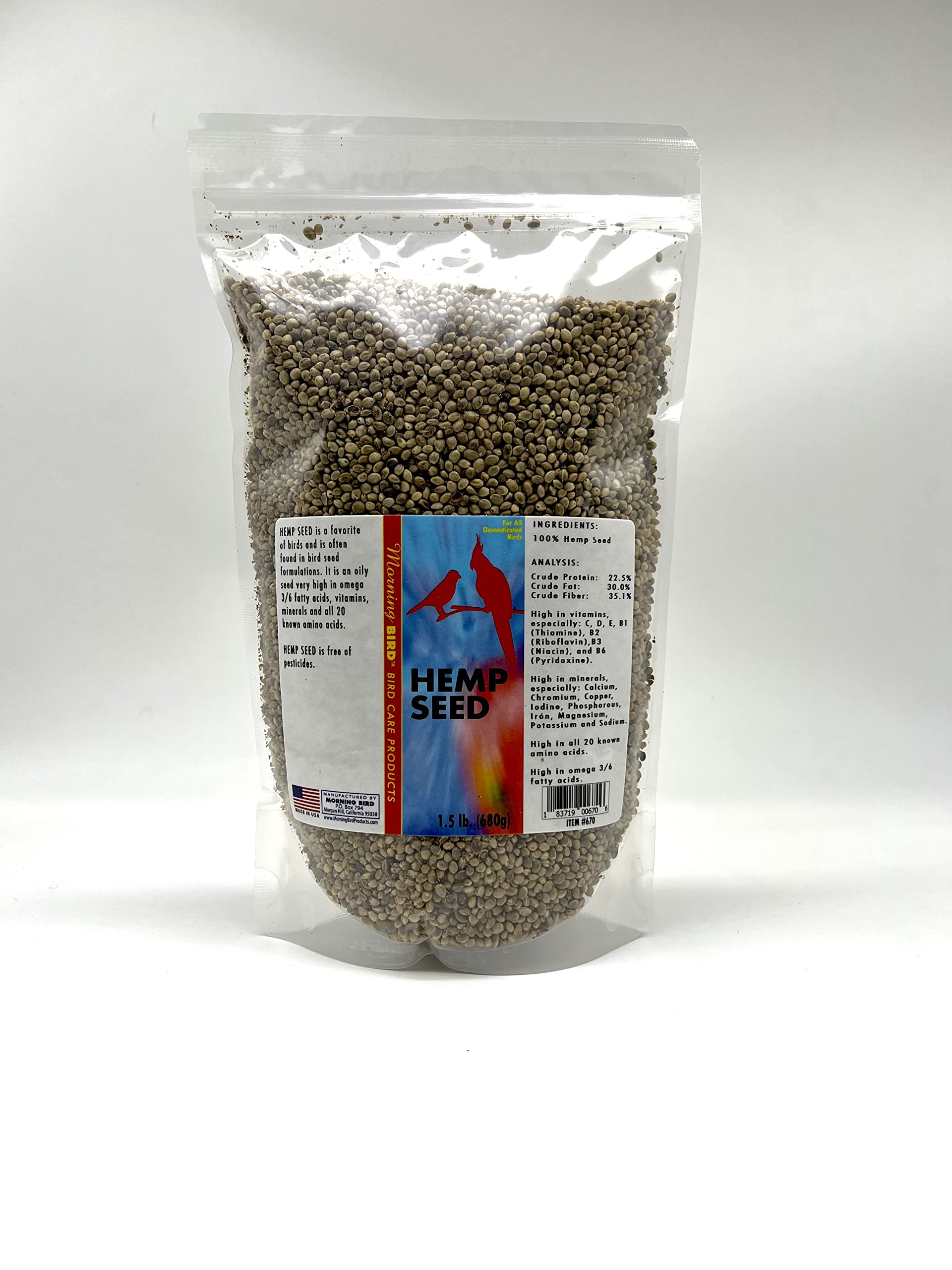 Morning Bird Hemp Seeds – Nutrition Hemp for All Bird Types, Rich in Vitamins and Supplements, Supports Feather Growth and Health – Ideal for Parrots, Canaries, Finches, and More 1.5 lbs