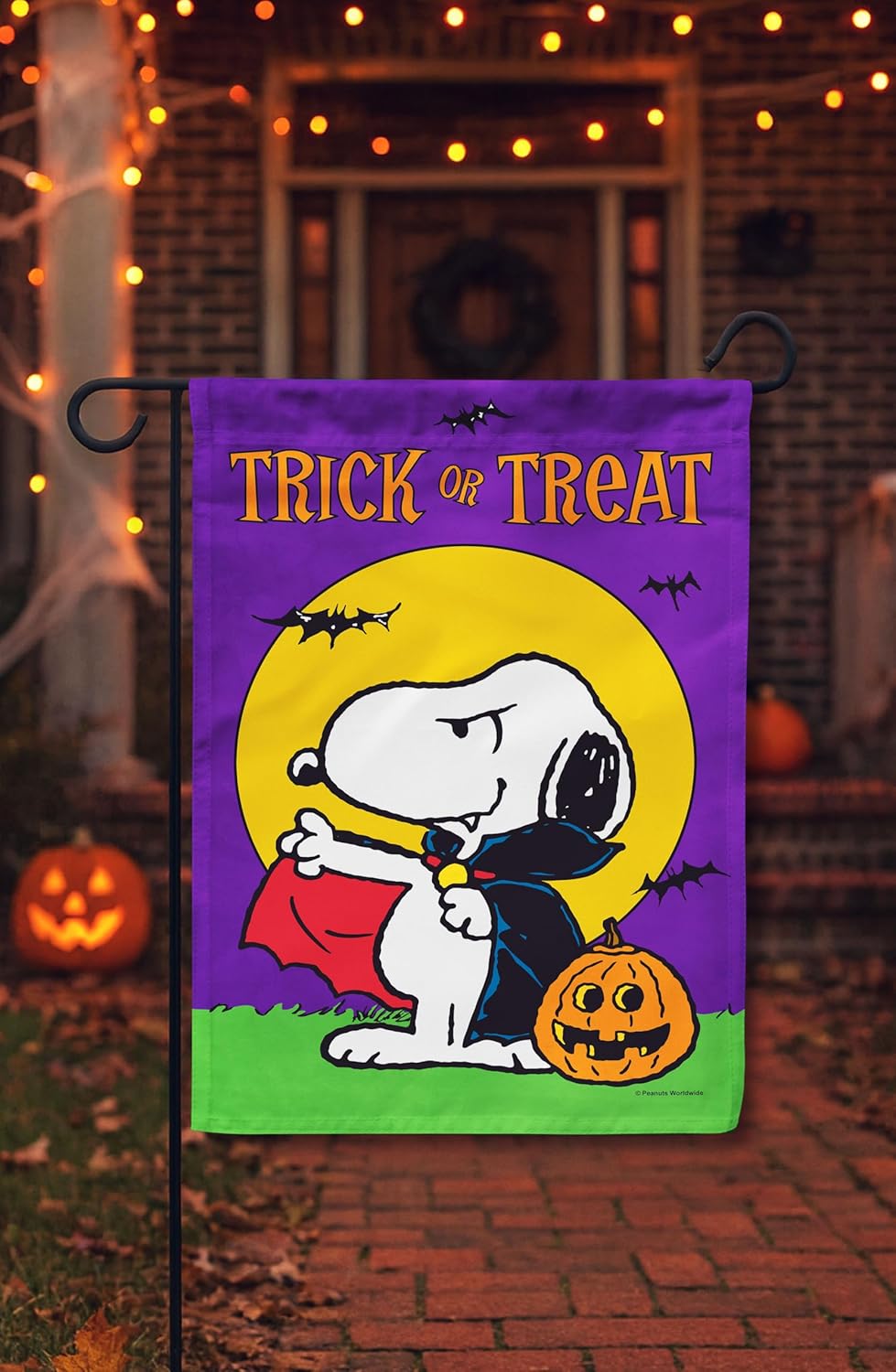 Flagology, PEANUTS® Trick or Treat Vampire Snoopy Garden Flag 12" x 18", Outdoor Flag, Exclusive Premium Fabric, Officially Licensed PEANUTS®, Halloween