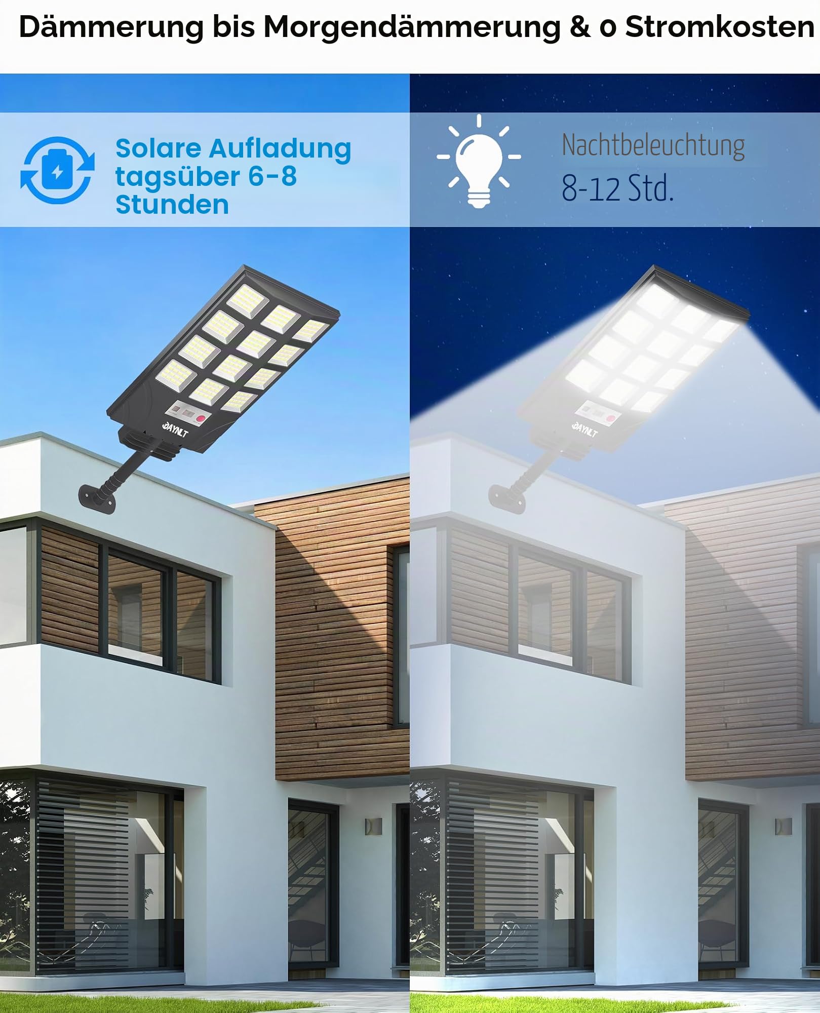 JAYNLT Solar Straßenlaterne für Außen, Solarlampen mit Bewegungssensor, 6500K Solarleuchten Dämmerung bis zum Morgengrauen, IP66 Wasserdichte Solarstrahler für Gärten Garage - 4PACK