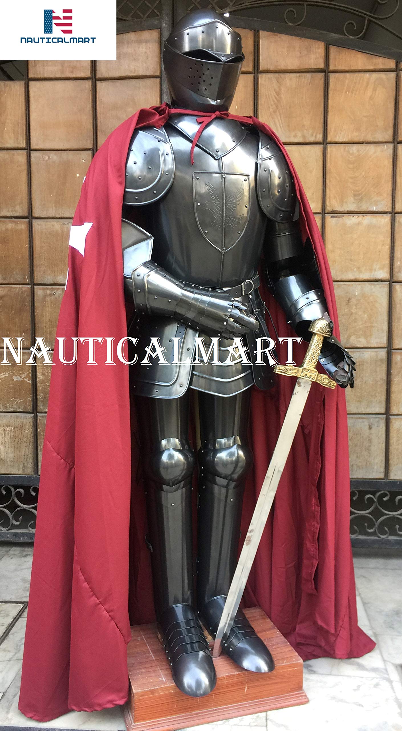 NauticalMart Medieval Knight Full Suit Of Armor Black Combat Body Armour Halloween Costume With Clock