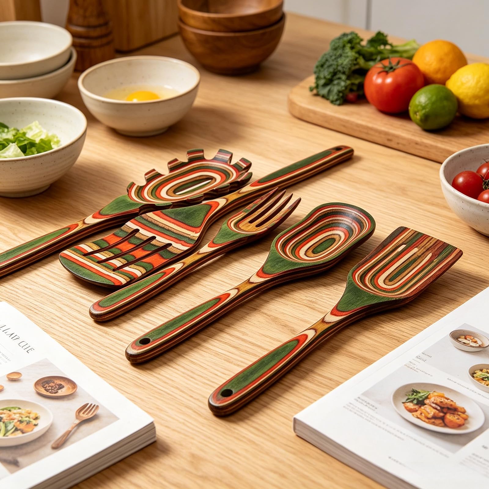 Küchenhelfer-Set zum Servieren und Rühren von Suppen, 6-teiliges Kochutensilien aus Holz mit laminiertem Holz und langen Griffen für beschichtetes Kochgeschirr