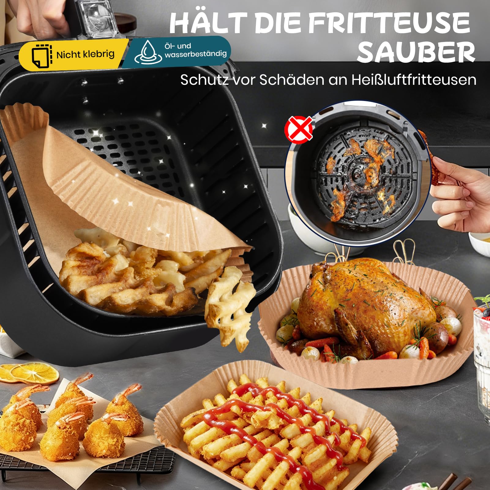 300 Stück Airfryer Backpapier für Philips Dual Basket Airfryer 3000 Series 9L(6L/3L), 5000 Series 9L(6L/3L), Backpapier für Heißluftfritteuse Philips NA350/00 NA550/00, Cookwise 2 kammern 9L(3L&6L)