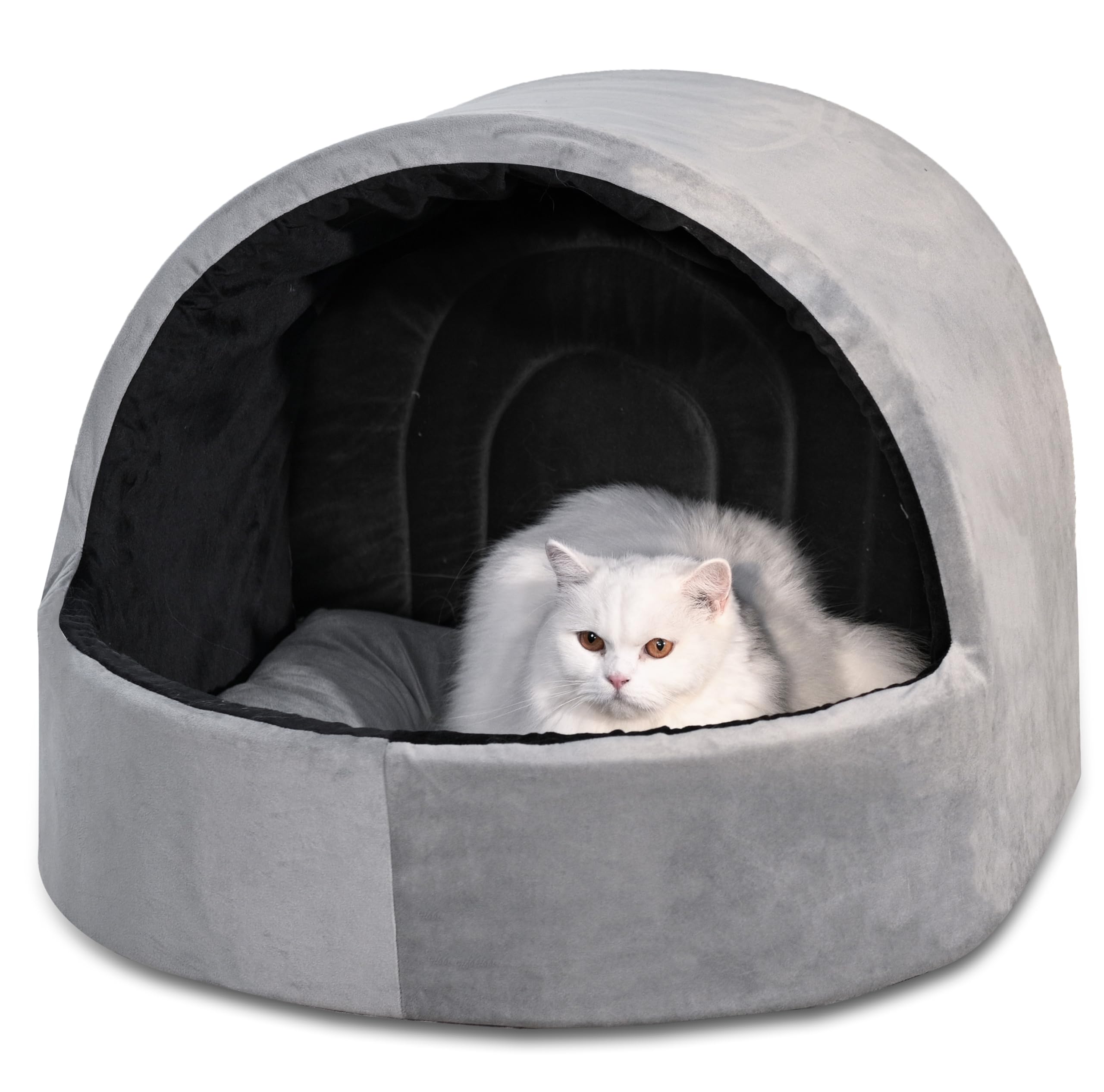 Round Cat House with Removable Cushion, Indoor Dog House for Puppy, Kitten, Rabbit Bed Cave & Tent Nest, Portable, Foldable & Light Weight | Ultra Soft Flannel Fabric | Grey + Black