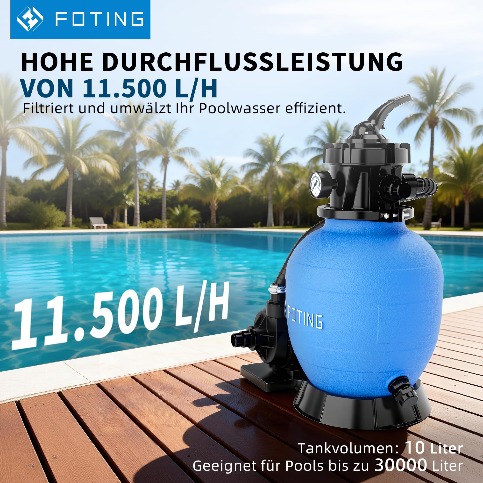 FOTING Sandfilteranlage Pool 11.500 L/h mit 24-Stunden Timer | Filteranlage 7-Wege-Ventil mit Druckanzeige & 2in1 Adapter Ø32mm-38mm | 400W Poolfilteranlage inkl. 200g Filterbälle