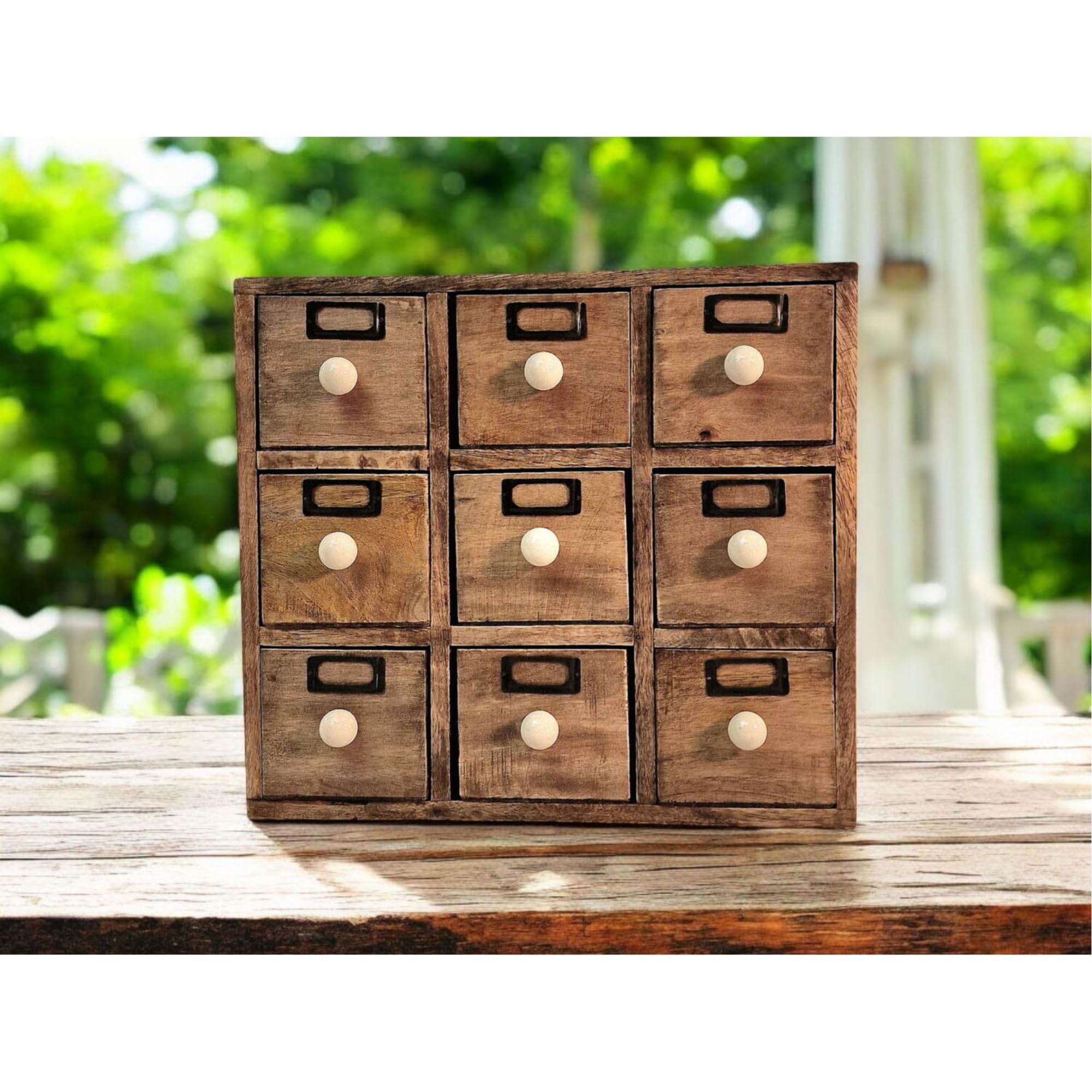 9 Drawer Solid Mango Wooden Trinket Chest Storage Drawers With Ceramic Knob Handles Desktop Organizer