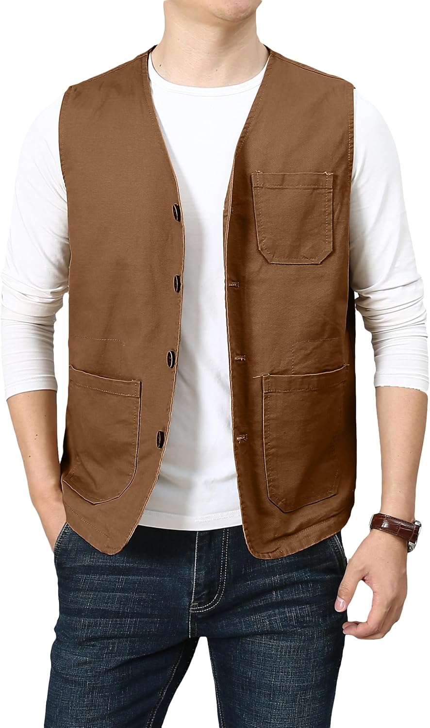 PRIJOUHE Men's Casual Outdoor Cotton Vest Lightweight Breathable Multi-Pocket Fishing Safari Travel Vests Outwear