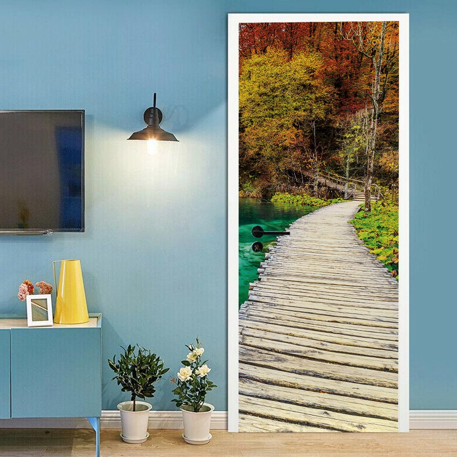 Sticker Porte Autocollant Poster de Porte 3D Lumière Du Soleil Arbres