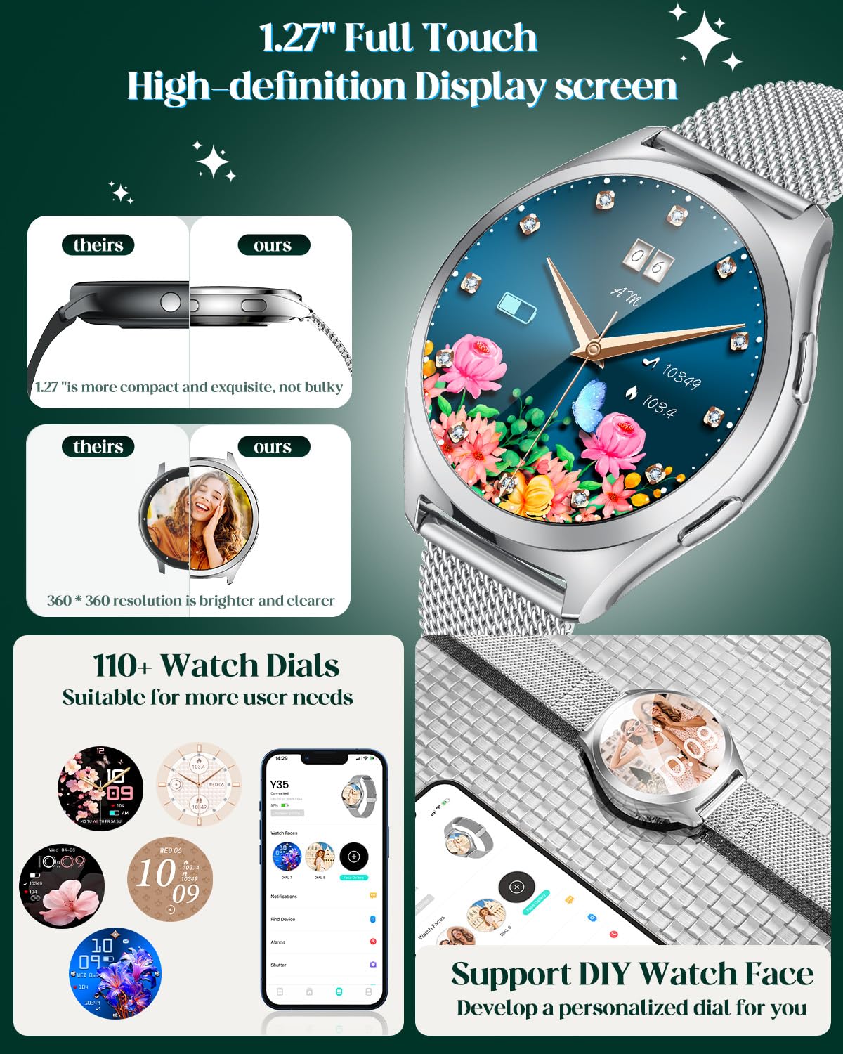 Smartwatch Donna con Effettua Orologio Chiamate: 1.27" Smart watch con Bluetooth 5.2 Contapassi Sonno 100+ Modalità Sportivo Fitness Tracker IP68 Impermeabile Contapassi Polso Compatibile Android iOS