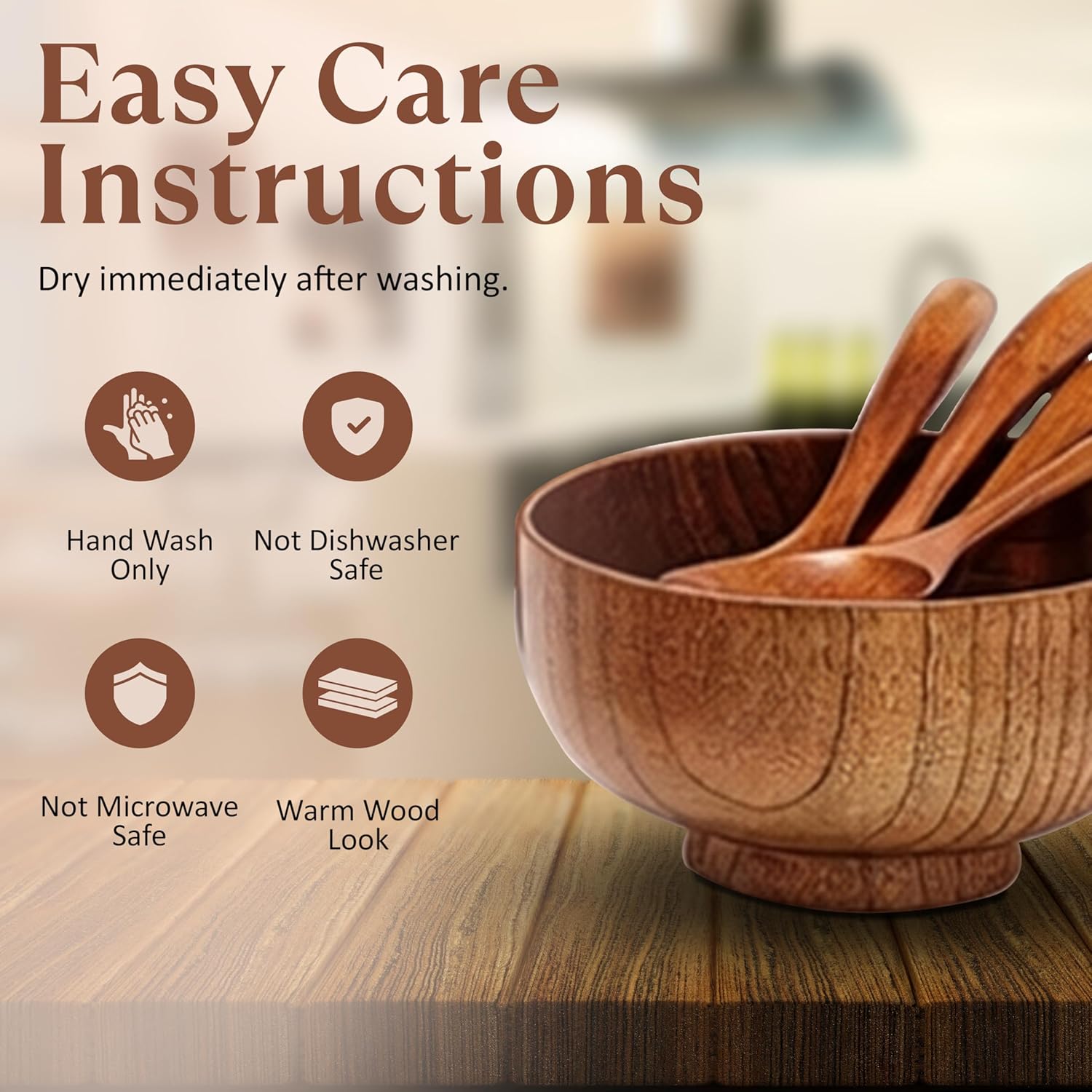 Wooden Bowl and Spoon Set of 4 - Japanese Style Natural Wood Soup Rice Salad Bowls with Spoons, Eco-Friendly Handcrafted Tableware, Housewarming Kitchen Gift