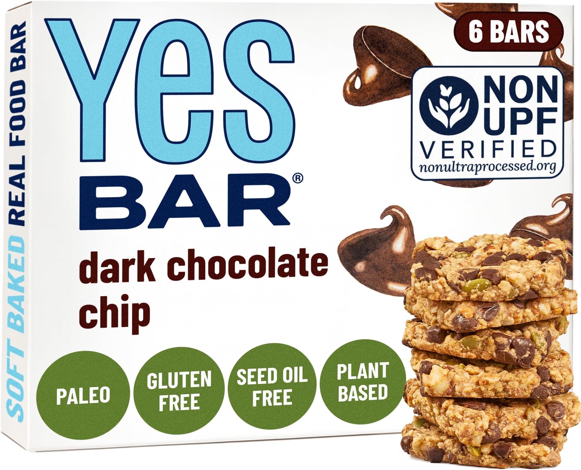 YES Nut Bars - Dark Chocolate Chip - Soft Chewy Healthy Snack Bars Made with Organic Maple Syrup – Vegan, Paleo, Gluten Free, No Refined Sugar, Dairy Free, Plant Based Protein, Low Sugar - 6 Count