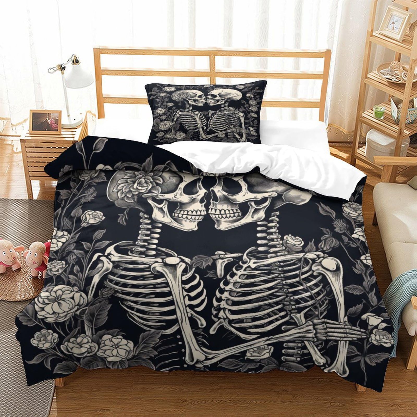 P1S9U7W5Y 3D Printed Romantic Skeleton Duvet Cover Set 3pcs Microfiber Floral Skeleton Bedding Set Single