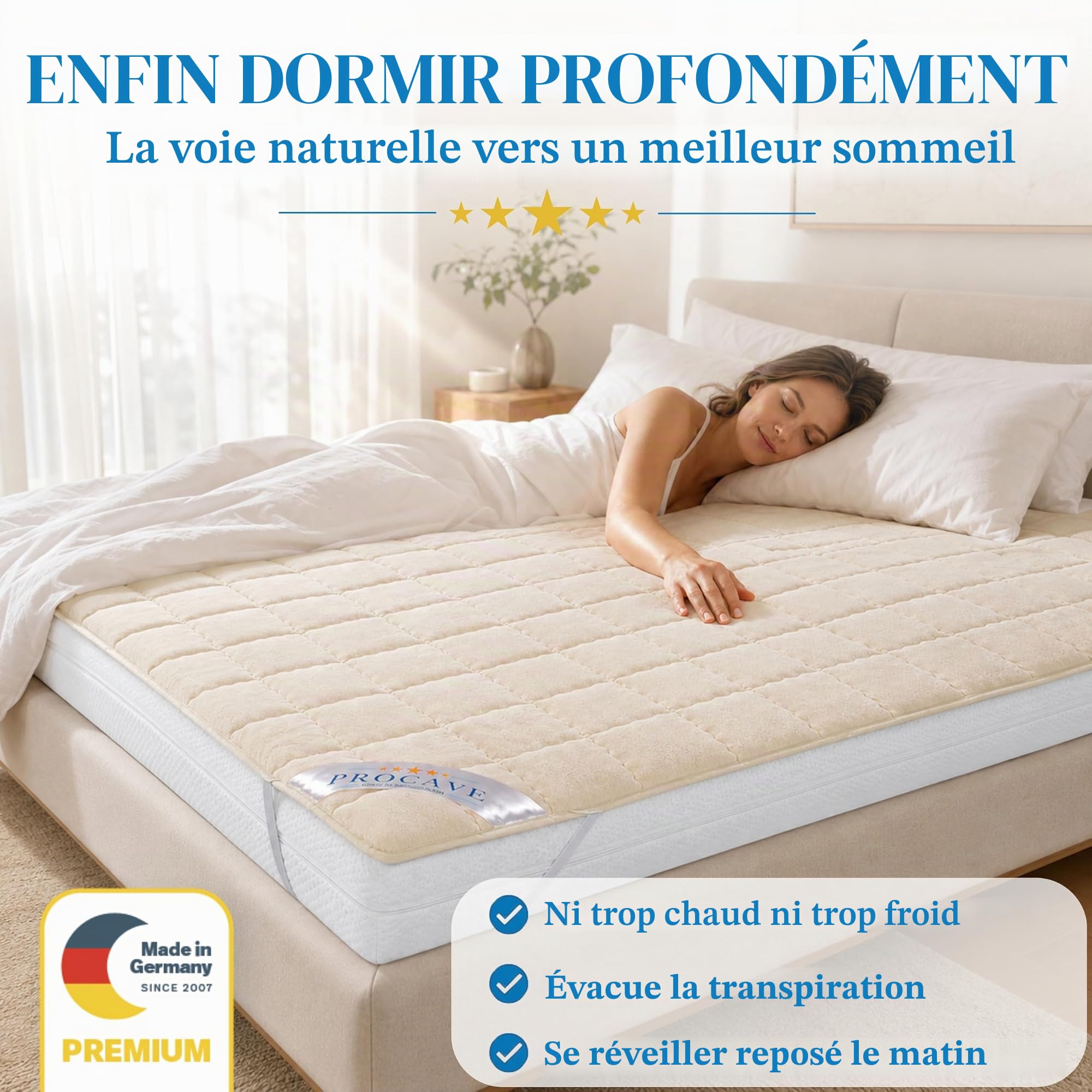 PROCAVE sur-Matelas en Laine Vierge, protège-Matelas Respirant, Housse pour Matelas doté de 4 Coins élastiqués, alèse 160x200 cm