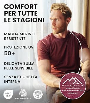 T-Shirt Uomo In Lana Merino 100% 16,5 Micron - Strato Base Leggero Maniche Corte - Traspirante E Anti Odore - 4