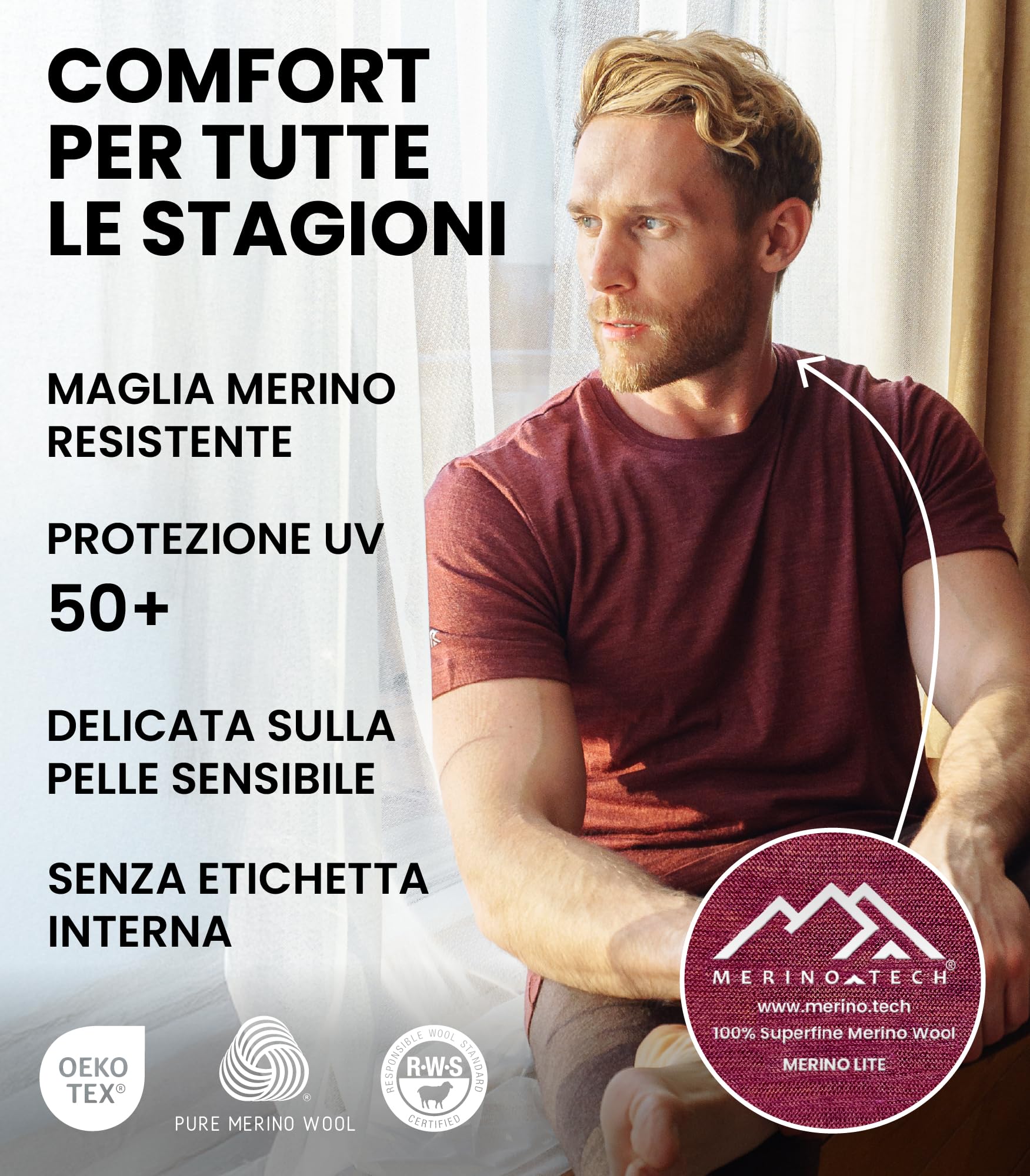 Merino.tech Maglietta Lana Uomo - 100% Biologica Merino, Intimo Lana Merinos Uomo Leggero