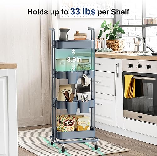 Miniatura 3 de Merapi 4 Tier Foldable Rolling Cart, Metal Utility Cart with Wheels, 3 Hanging Cups and 6 Hooks, Folding Trolley for Living Room, Kitchen, Bathroom,