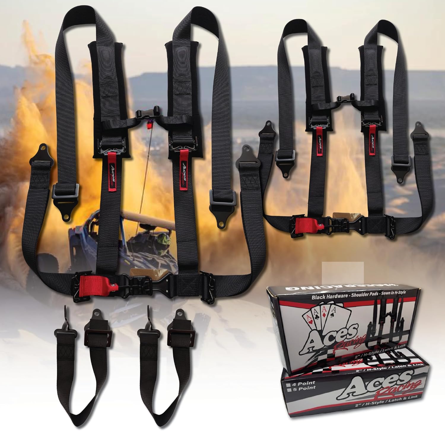 AAAA Aces Racing (Pair) 5 Point Latch & Link Harness – 2" Padded Shoulder Straps, Black Hardware