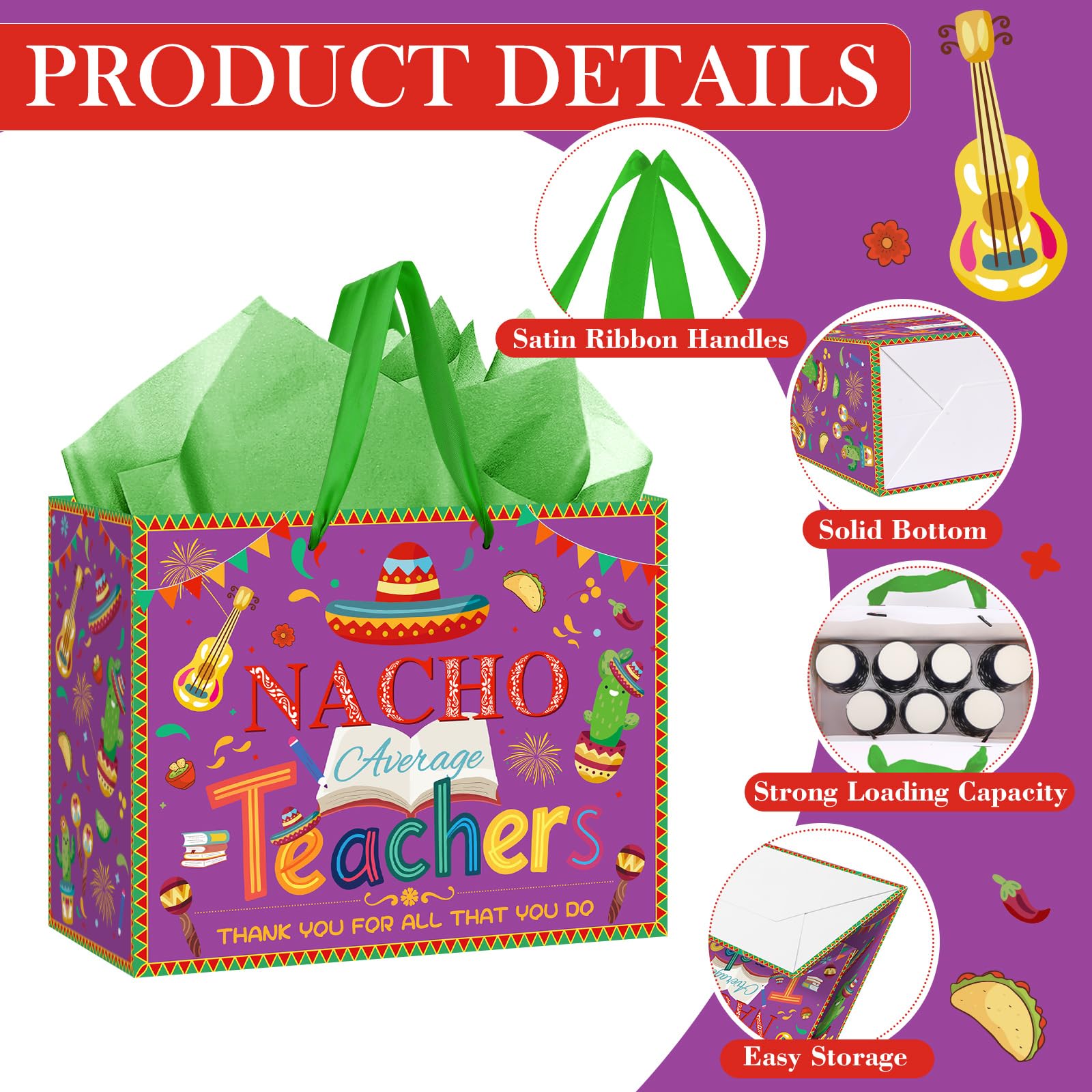 Woosytoo Nacho Average Teacher Appreciation Gift Bag with Wrapping Paper Card Mexican Fiesta Teacher Appreciation Week End of Year Thank You Gifts for Women Men Educators Daycare Tutors Best Presents
