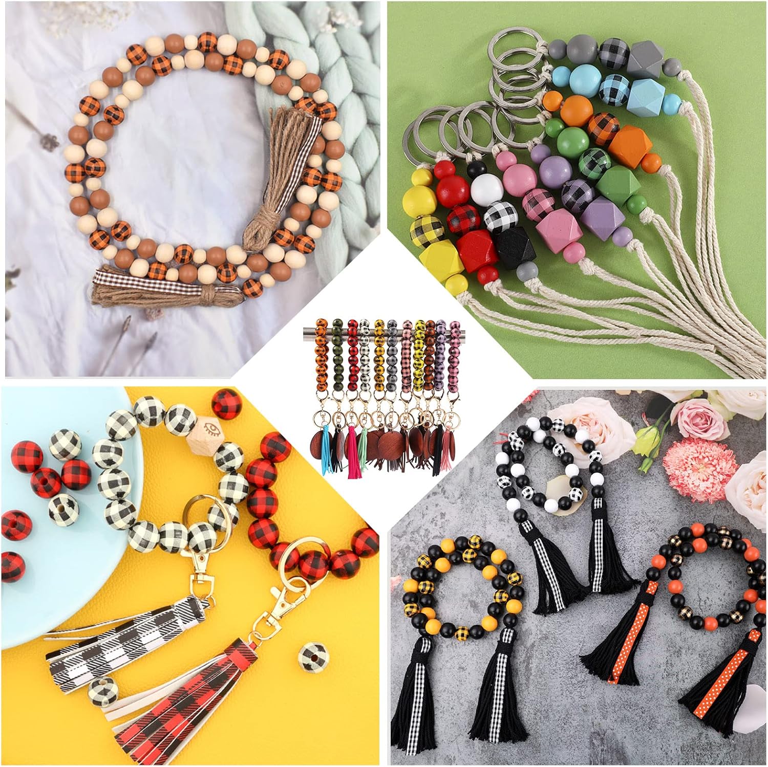 Craftdady 140pcs Buffalo Plaid Wooden Beads 16mm Painted Natural Round Wood Craft Beads Colorful Farmhouse Beads for DIY Bead Garland Home Decorations, Hole: 4mm