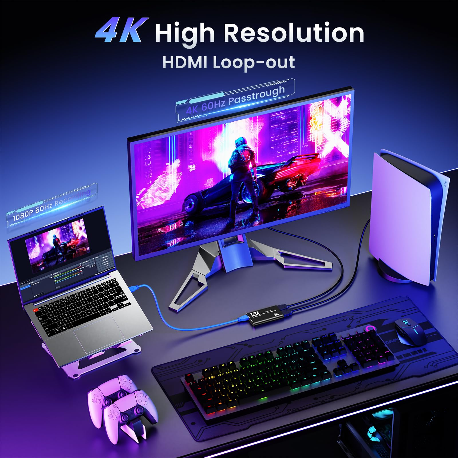 Papeaso Carte de Capture HDMI 4K, 1080P 60FPS USB 3.0 Appareil de Capture Vidéo pour Streaming, Compatible avec Switch, PS5, PS4, Xbox, Caméra, PC