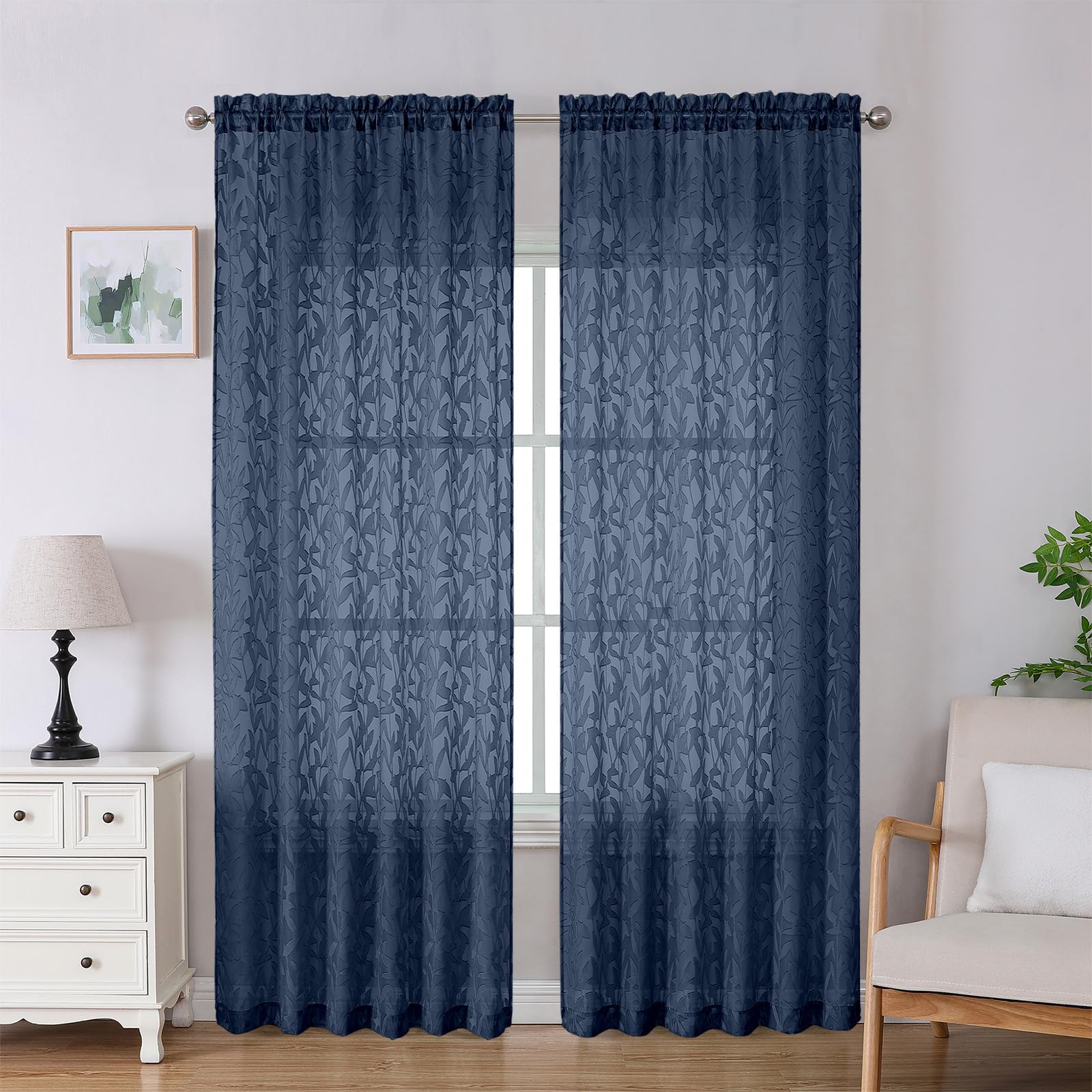 Lecloud Leia Navy Blue Sheer Curtains 90 Inches Long 2 Panels, Airy Leaf Textured Jacquard Drapes, Light Filtering & Privacy Dual Rod Pocket Window Curtains for Living Room Bedroom, 52" W x 90" L โ image 1