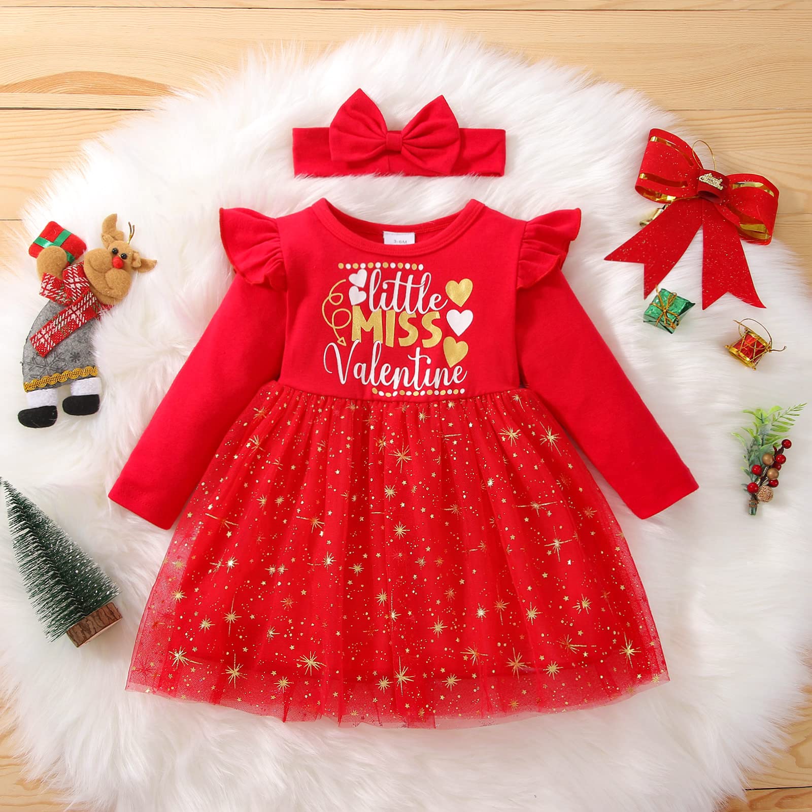 KnniMorning TEES Infant Baby Girl Valentine's Day Dress Toddler Girls Little Miss Valentine Ruffle Sleeve Mesh Dress Outfits (red,6-9 Months)