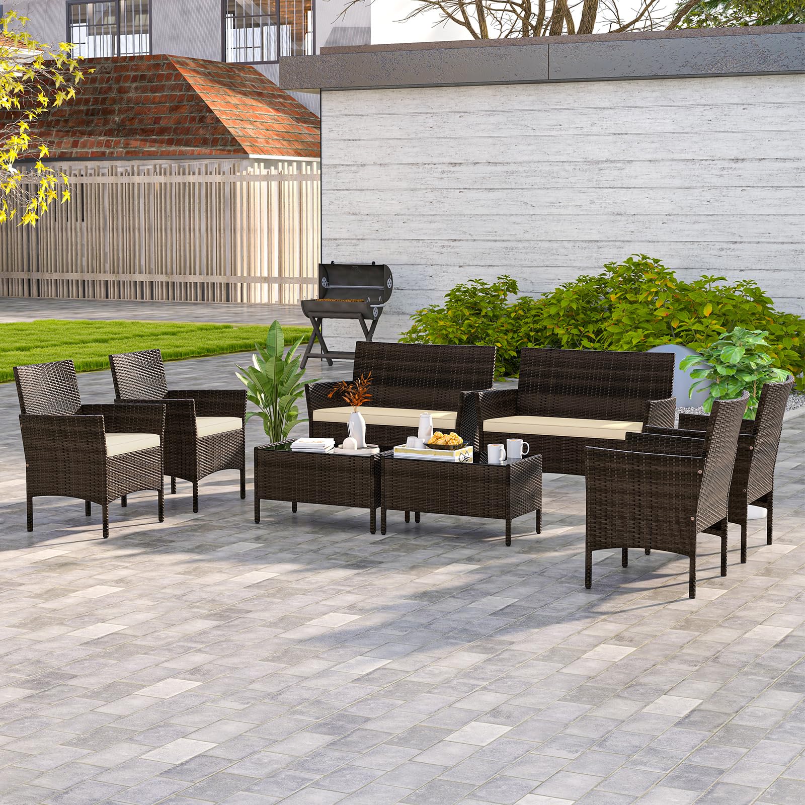 SOARS Juego de salón de jardín de 4 piezas, muebles de jardín con cojines, sofá de 2 plazas, 2 sillones de ratán PE, mesa baja de cristal, muebles de exterior para terraza, balcón (marrón+marrón)