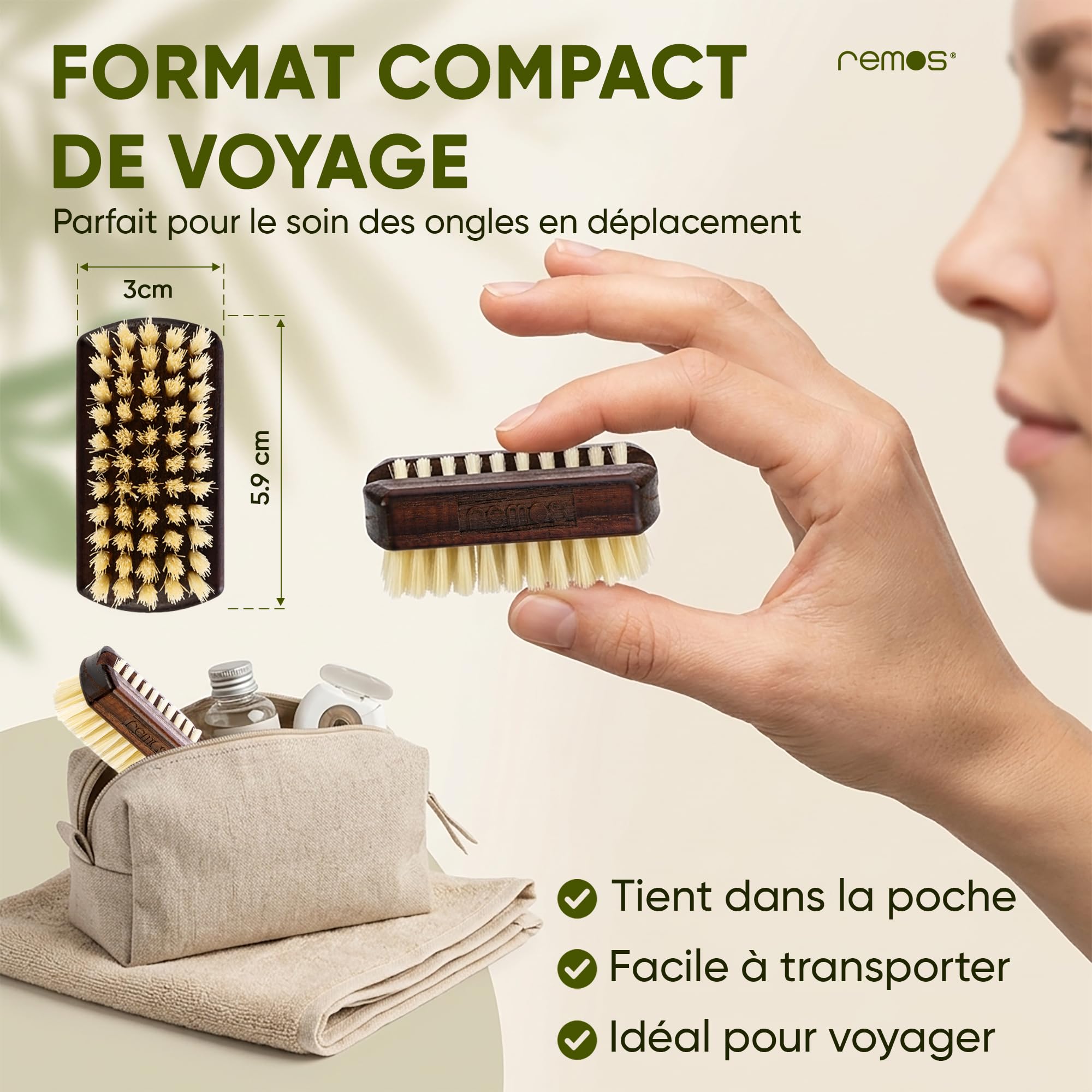 REMOS Mini Brosse à Ongles de Voyage avec Poils de Sanglier en Bois de hêtre [5,9 x 2,9 x 3 cm]